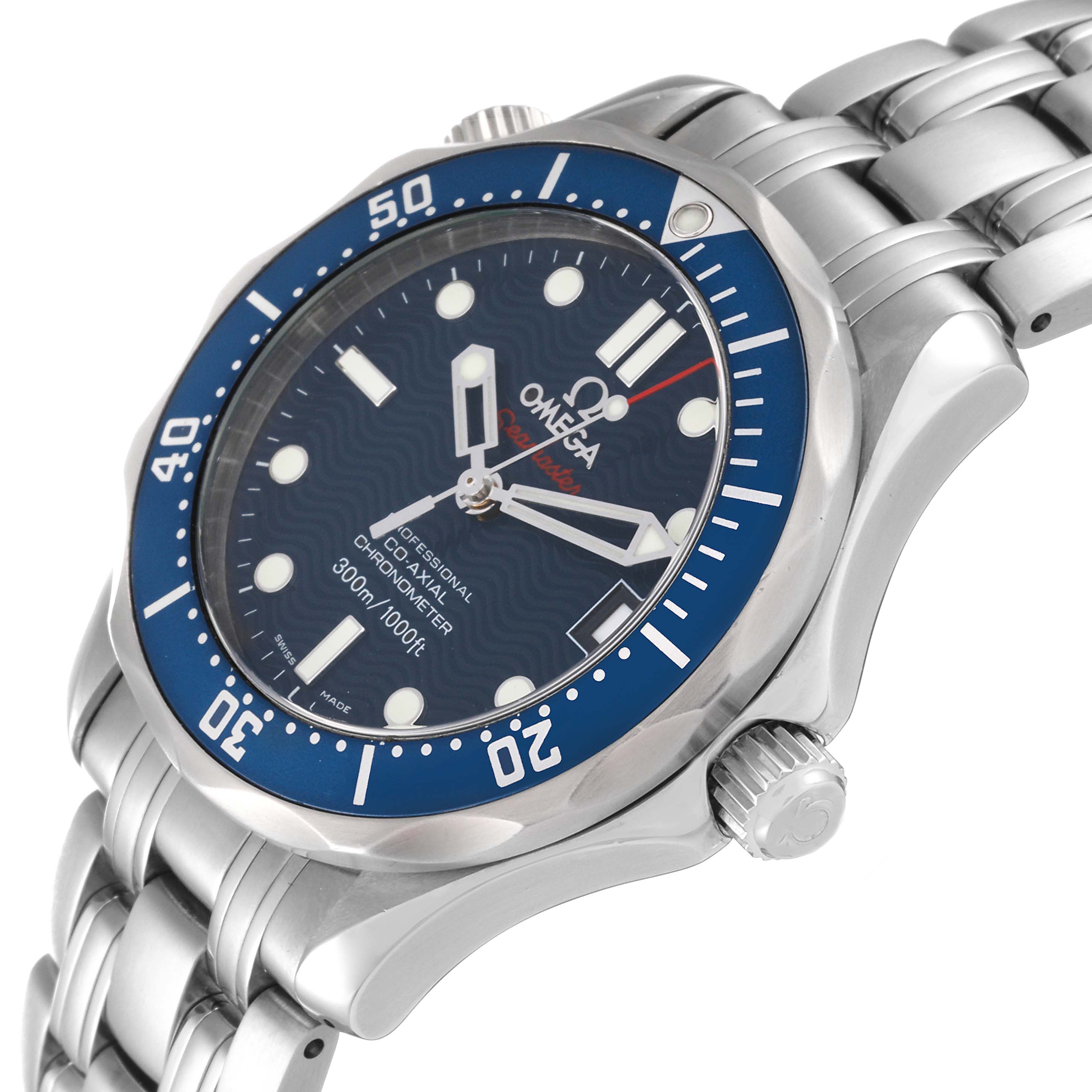 The image shows a side-angle view of the Omega Seamaster 2222.80.00 Men
s Stainless Steel Blue Dial 2222.80.00 Men
s Stainless Steel Blue Dial watch, highlighting its bezel, dial, and bracelet.