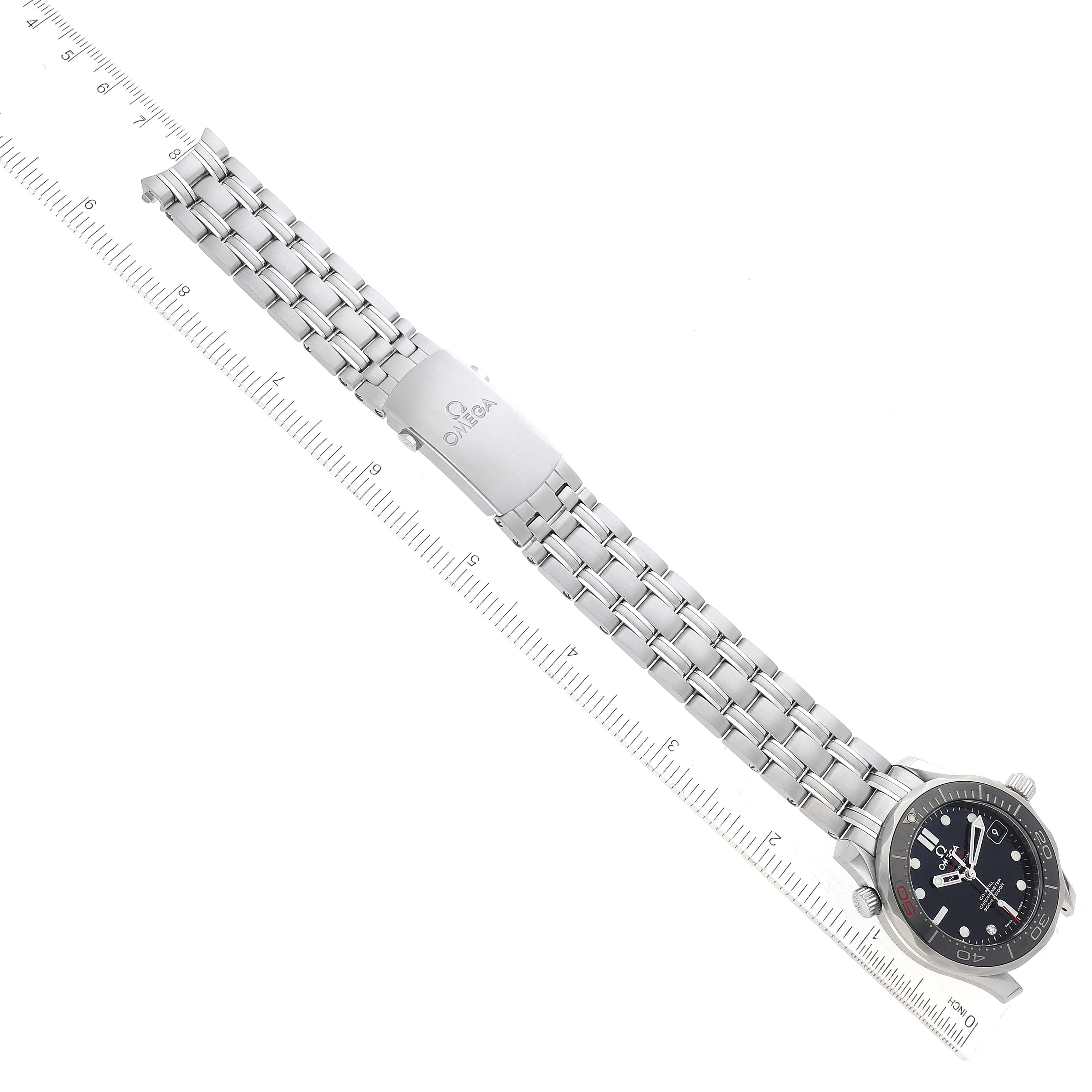 The image shows an angled top view of an Omega Seamaster 212.30.36.20.51.001 Men's Stainless Steel Black Dial 212.30.36.20.51.001 Men's Stainless Steel Black Dial watch, displaying the face, bezel, and bracelet with clasp.