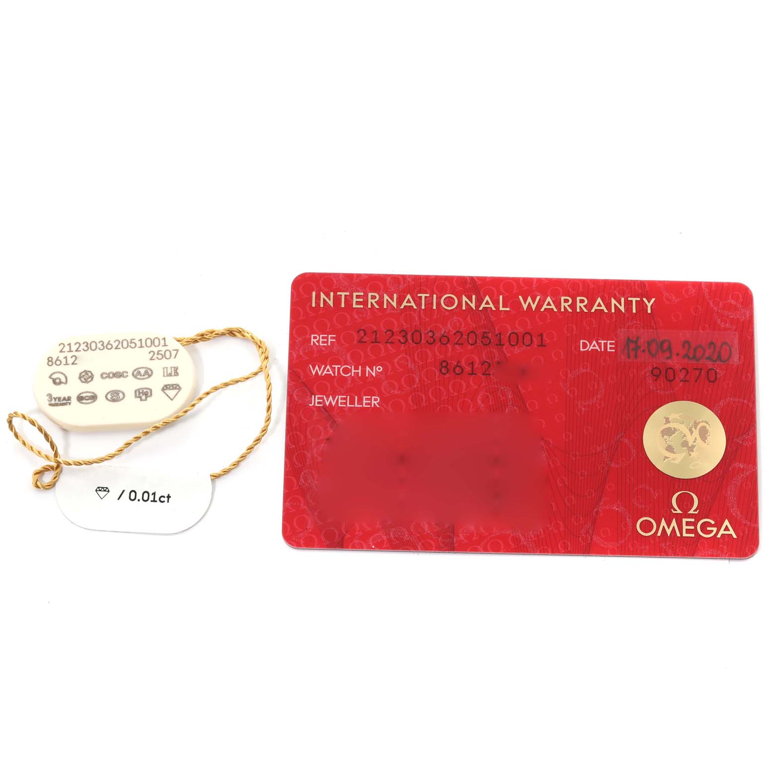 The image shows the international warranty card and the hang tag for the Omega Seamaster 212.30.36.20.51.001 Men's Stainless Steel Black Dial 212.30.36.20.51.001 Men's Stainless Steel Black Dial watch model.