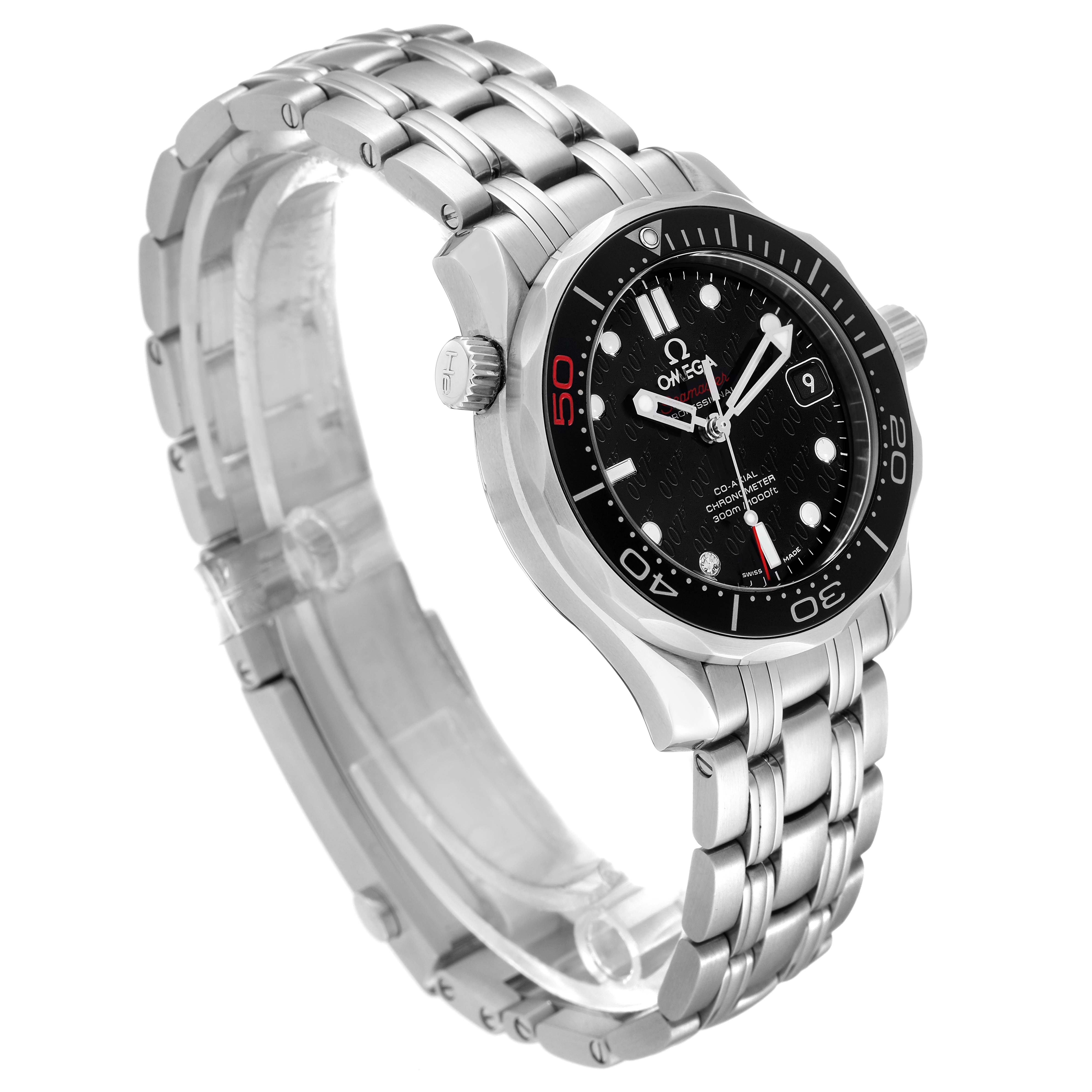 This Omega Seamaster 212.30.36.20.51.001 Men's Stainless Steel Black Dial 212.30.36.20.51.001 Men's Stainless Steel Black Dial watch is shown from an angled side view, displaying its face, bezel, and metal bracelet.