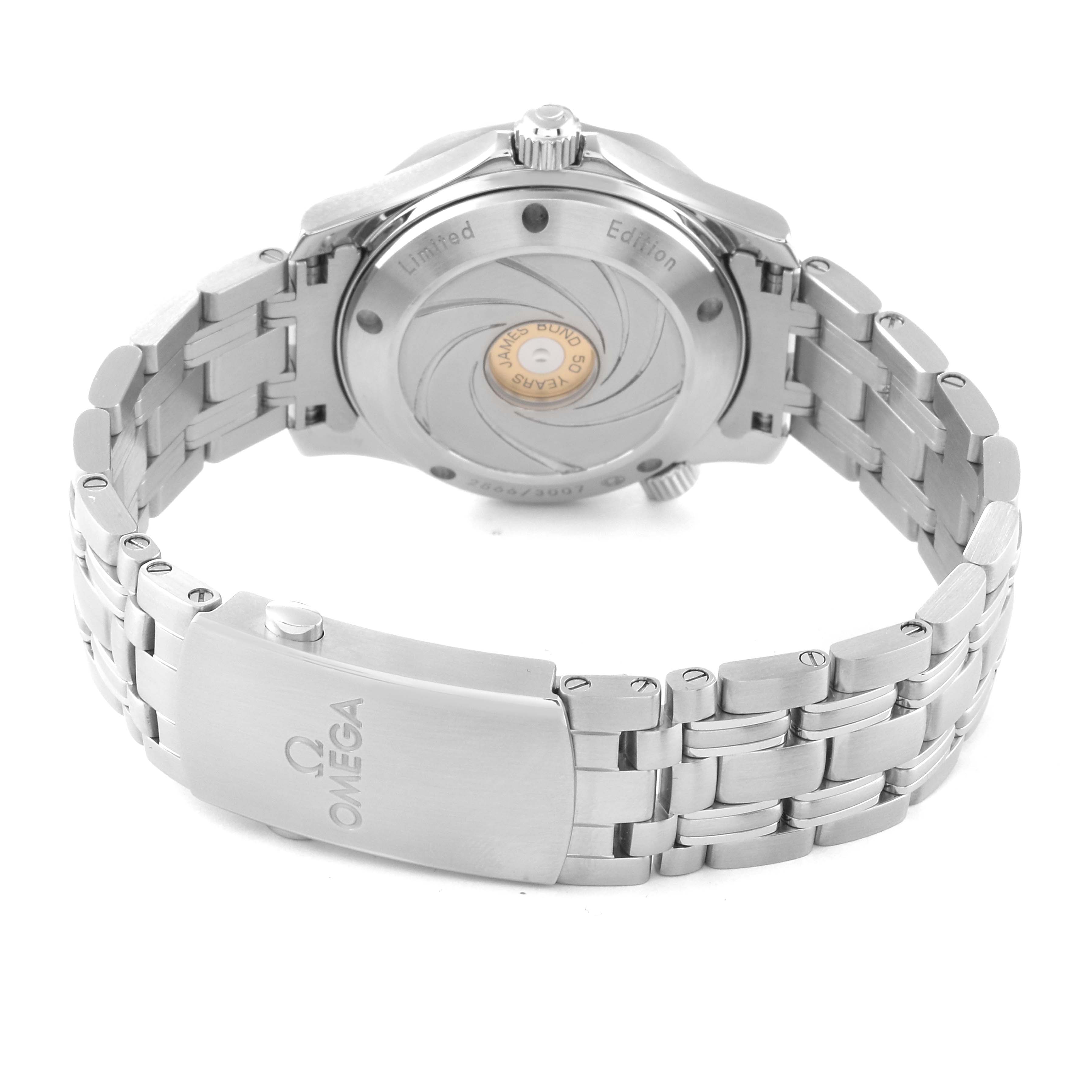 The image shows the back and bracelet of the Omega Seamaster 212.30.36.20.51.001 Men's Stainless Steel Black Dial 212.30.36.20.51.001 Men's Stainless Steel Black Dial watch, highlighting the clasp, case back, and bracelet links.