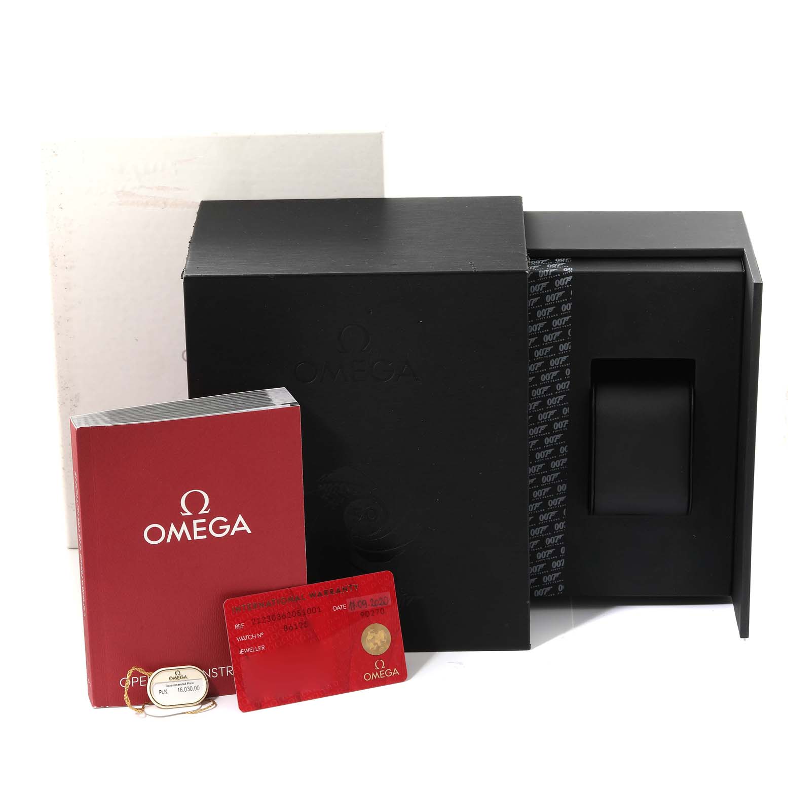 The image shows Omega Seamaster 212.30.36.20.51.001 Men's Stainless Steel Black Dial 212.30.36.20.51.001 Men's Stainless Steel Black Dial packaging, a manual, a warranty card, and an additional tag accessory.