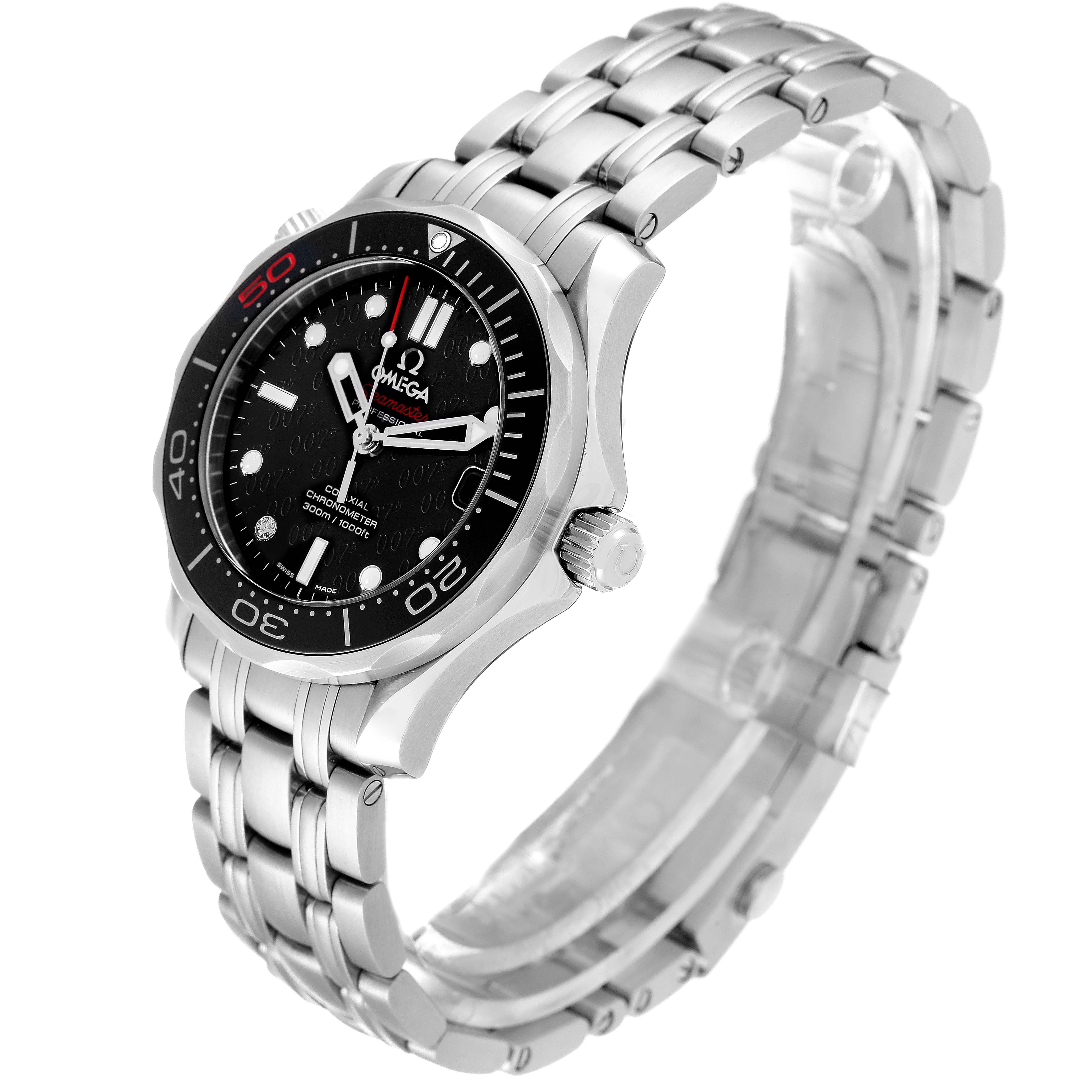 The image shows an Omega Seamaster 212.30.36.20.51.001 Men's Stainless Steel Black Dial 212.30.36.20.51.001 Men's Stainless Steel Black Dial watch at a three-quarter angle, highlighting its face, bezel, and stainless steel bracelet.