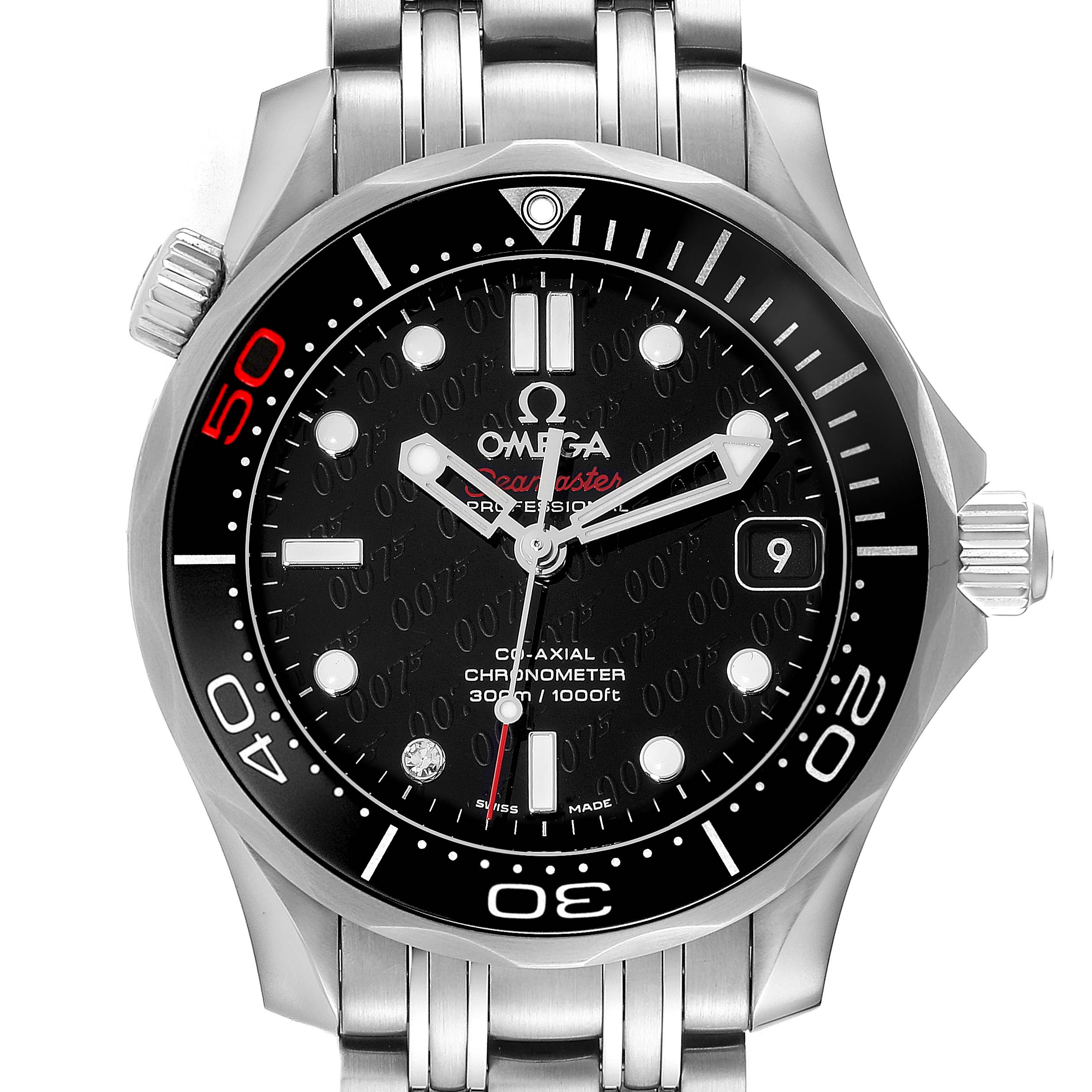 The image shows a frontal view of an Omega Seamaster 212.30.36.20.51.001 Men's Stainless Steel Black Dial 212.30.36.20.51.001 Men's Stainless Steel Black Dial watch, including its bezel, dial, hands, and bracelet.