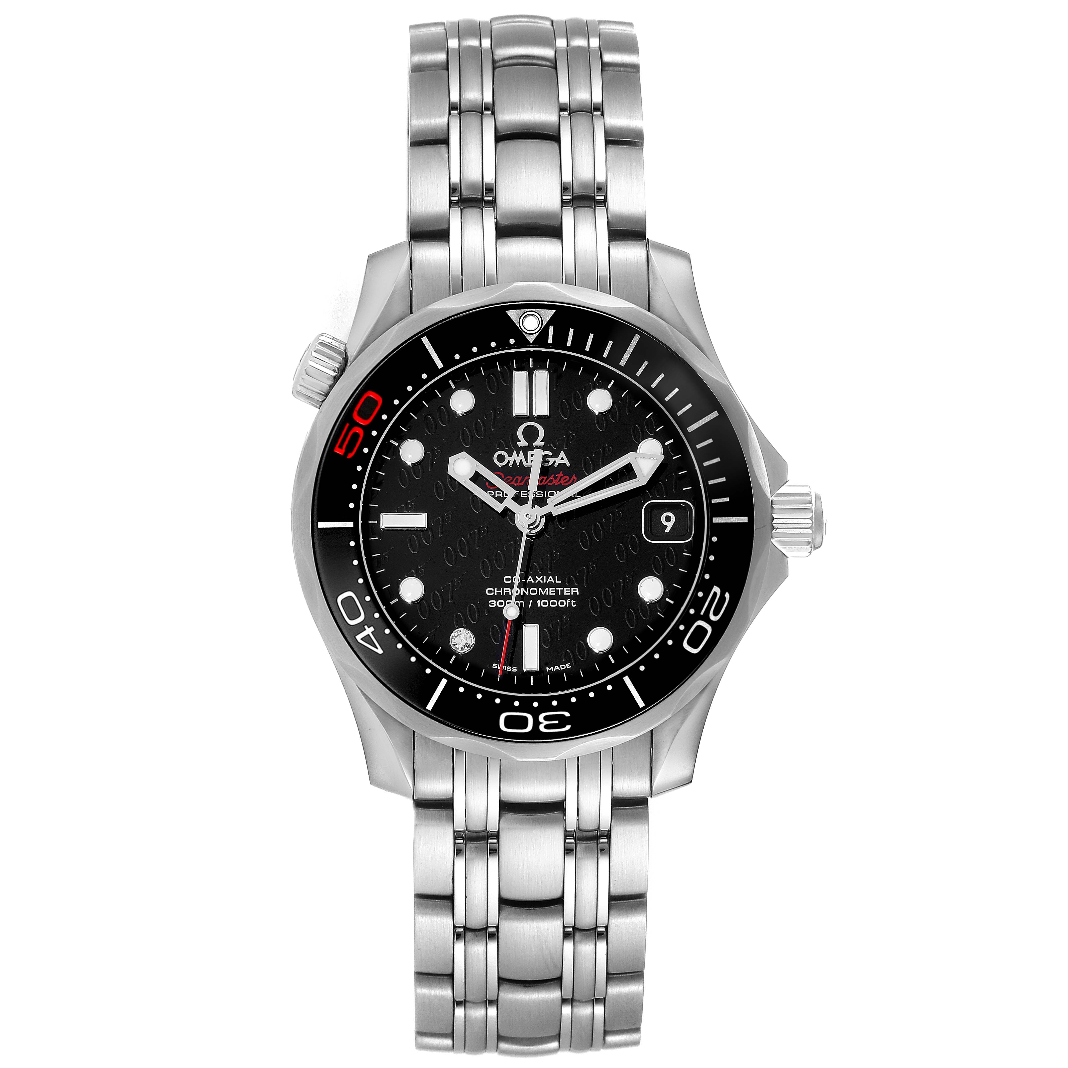 The image shows a frontal view of an Omega Seamaster 212.30.36.20.51.001 Men's Stainless Steel Black Dial 212.30.36.20.51.001 Men's Stainless Steel Black Dial watch, highlighting its face, bezel, and bracelet.
