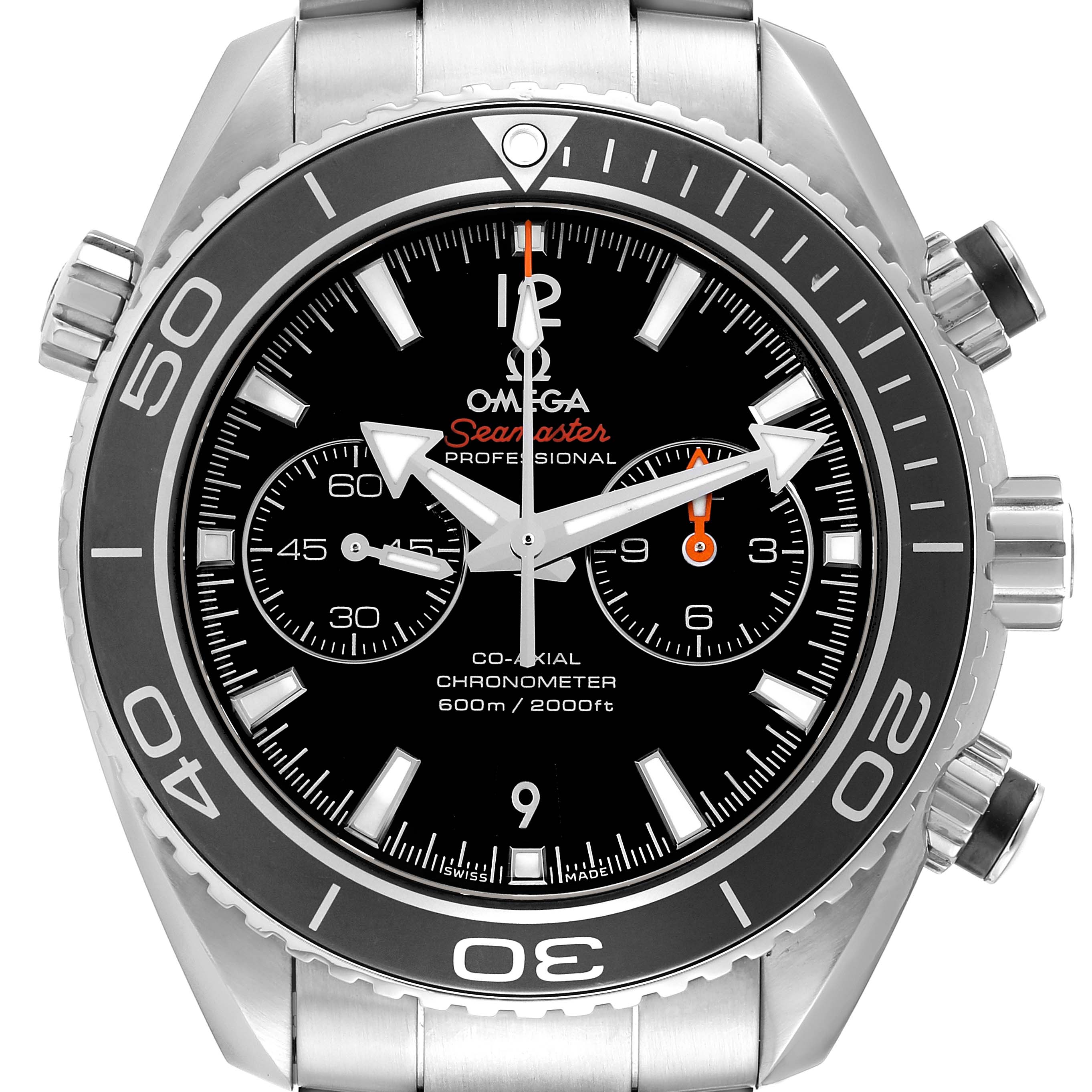 The image shows a front view of an Omega Planet Ocean 232.30.46.51.01.001 Men's Stainless Steel Black Dial 232.30.46.51.01.001 Men's Stainless Steel Black Dial model watch, displaying its dial, bezel, and crown.