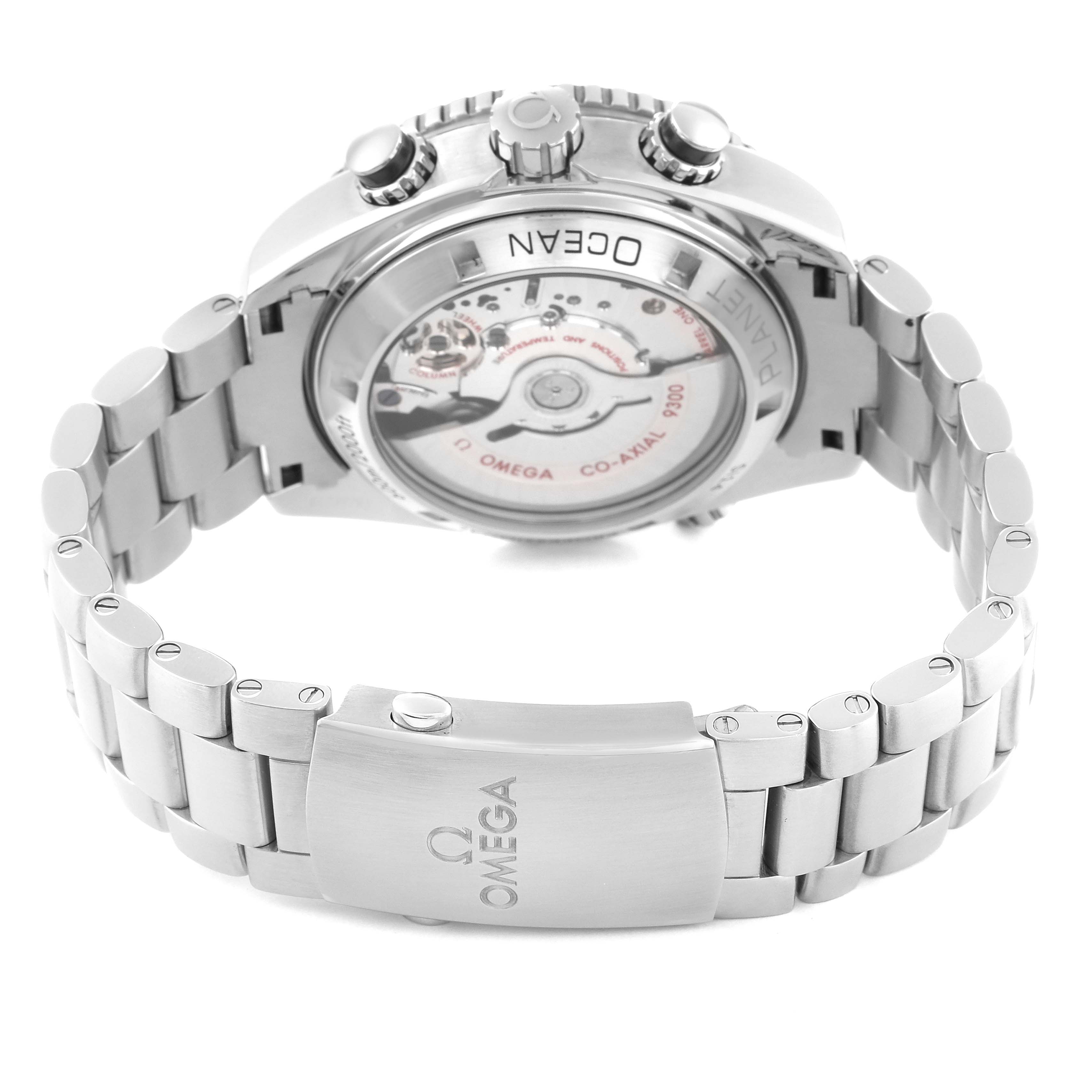 The image shows the back and side of the Omega Planet Ocean 232.30.46.51.01.001 Men's Stainless Steel Black Dial 232.30.46.51.01.001 Men's Stainless Steel Black Dial watch, featuring its case back, crown, buttons, and metal bracelet.