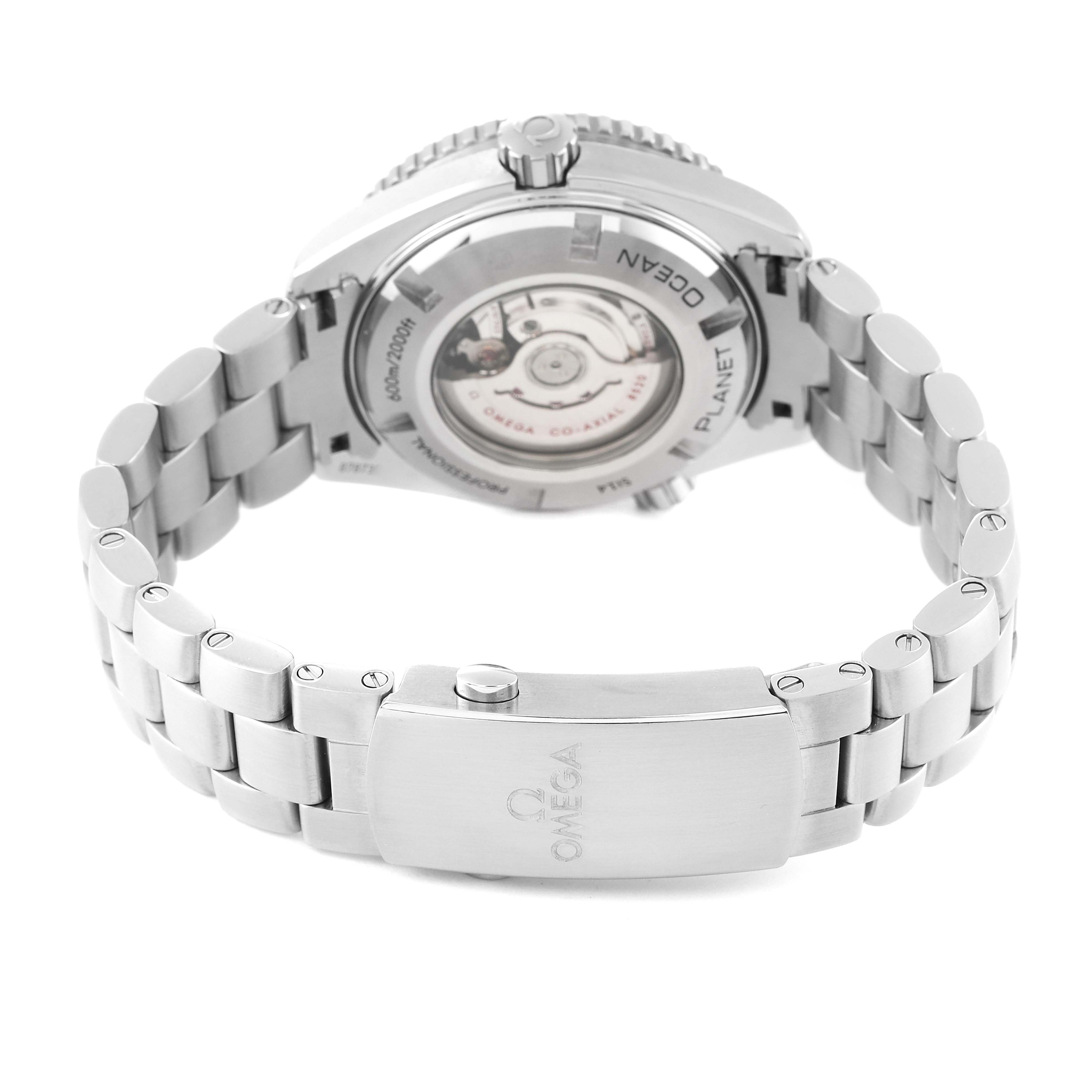 The image shows the case back and bracelet of the Omega Planet Ocean 232.30.38.20.01.001 Men
s Stainless Steel Black Dial 232.30.38.20.01.001 Men
s Stainless Steel Black Dial watch, highlighting its movement and clasp.