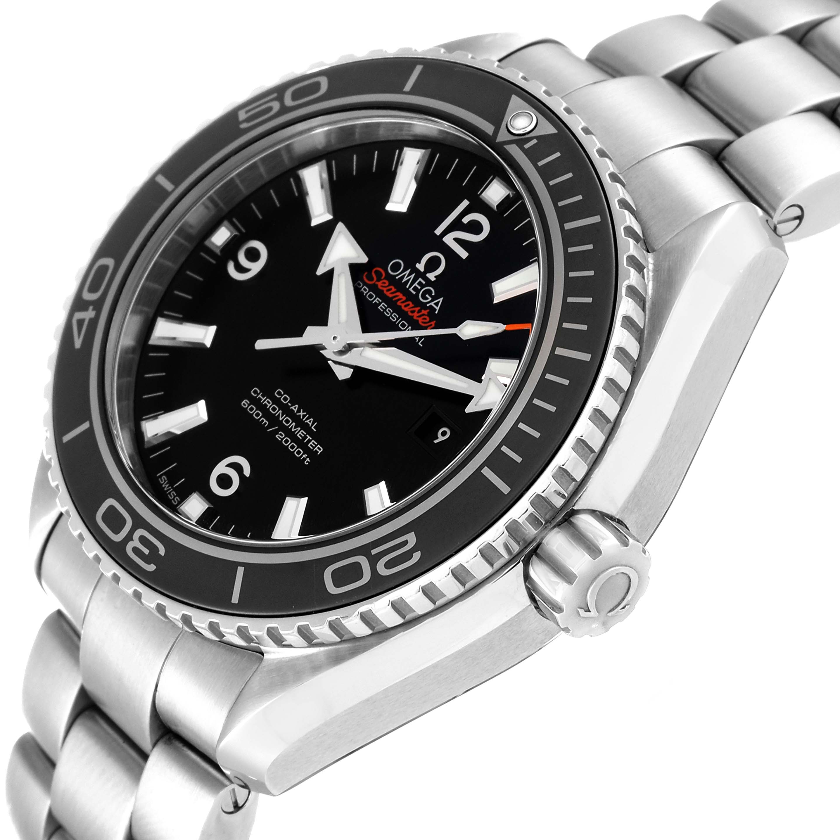 The image shows a close-up side angle of the Omega Planet Ocean 232.30.38.20.01.001 Men
s Stainless Steel Black Dial 232.30.38.20.01.001 Men
s Stainless Steel Black Dial watch, highlighting the face, bezel, and bracelet.