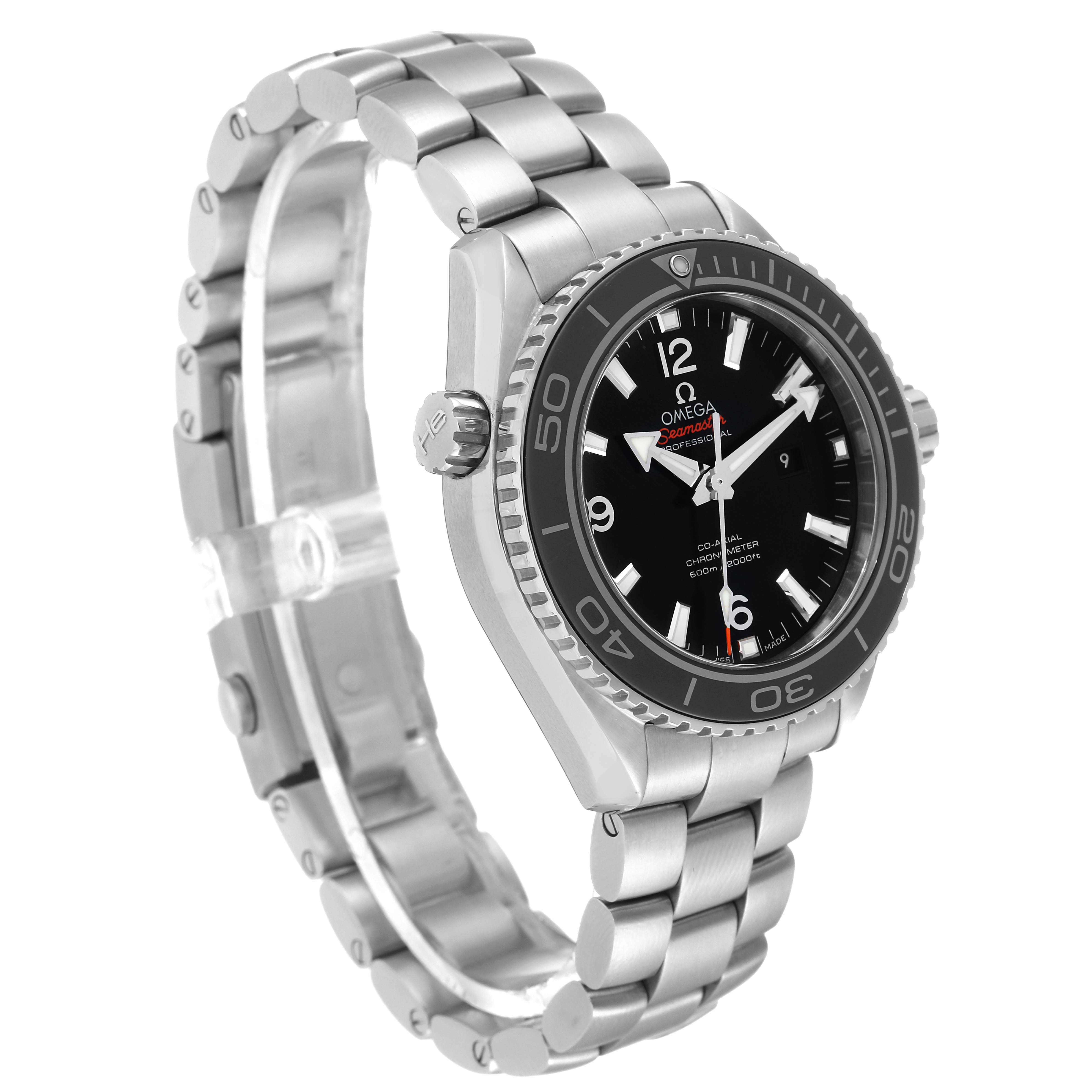 The image shows an angled side view of the Omega Planet Ocean 232.30.38.20.01.001 Men
s Stainless Steel Black Dial 232.30.38.20.01.001 Men
s Stainless Steel Black Dial model watch, capturing the bracelet, bezel, crown, and dial.