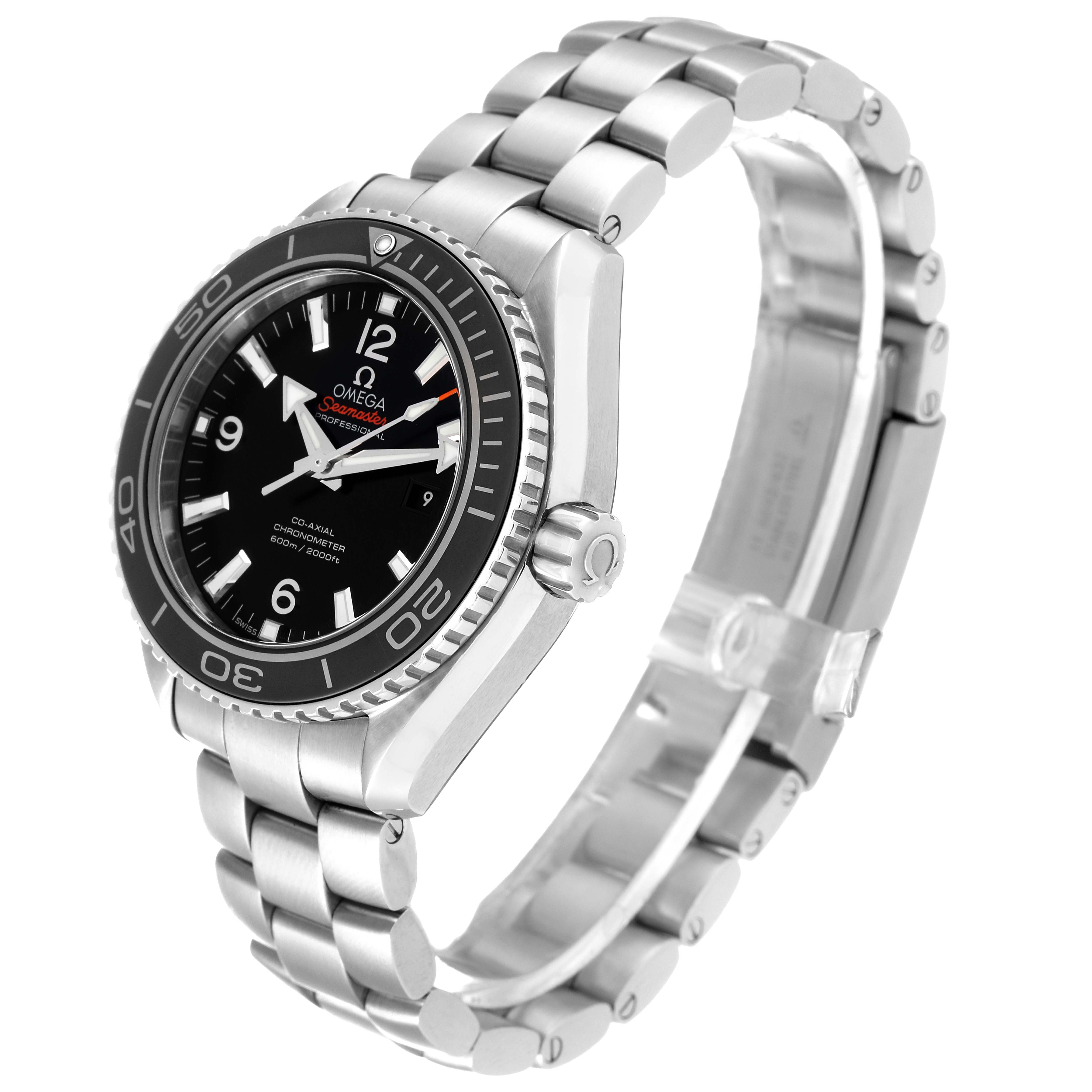 The Omega Planet Ocean 232.30.38.20.01.001 Men
s Stainless Steel Black Dial 232.30.38.20.01.001 Men
s Stainless Steel Black Dial watch is shown at a front-side angle, displaying the face, bezel, crown, and stainless steel bracelet.