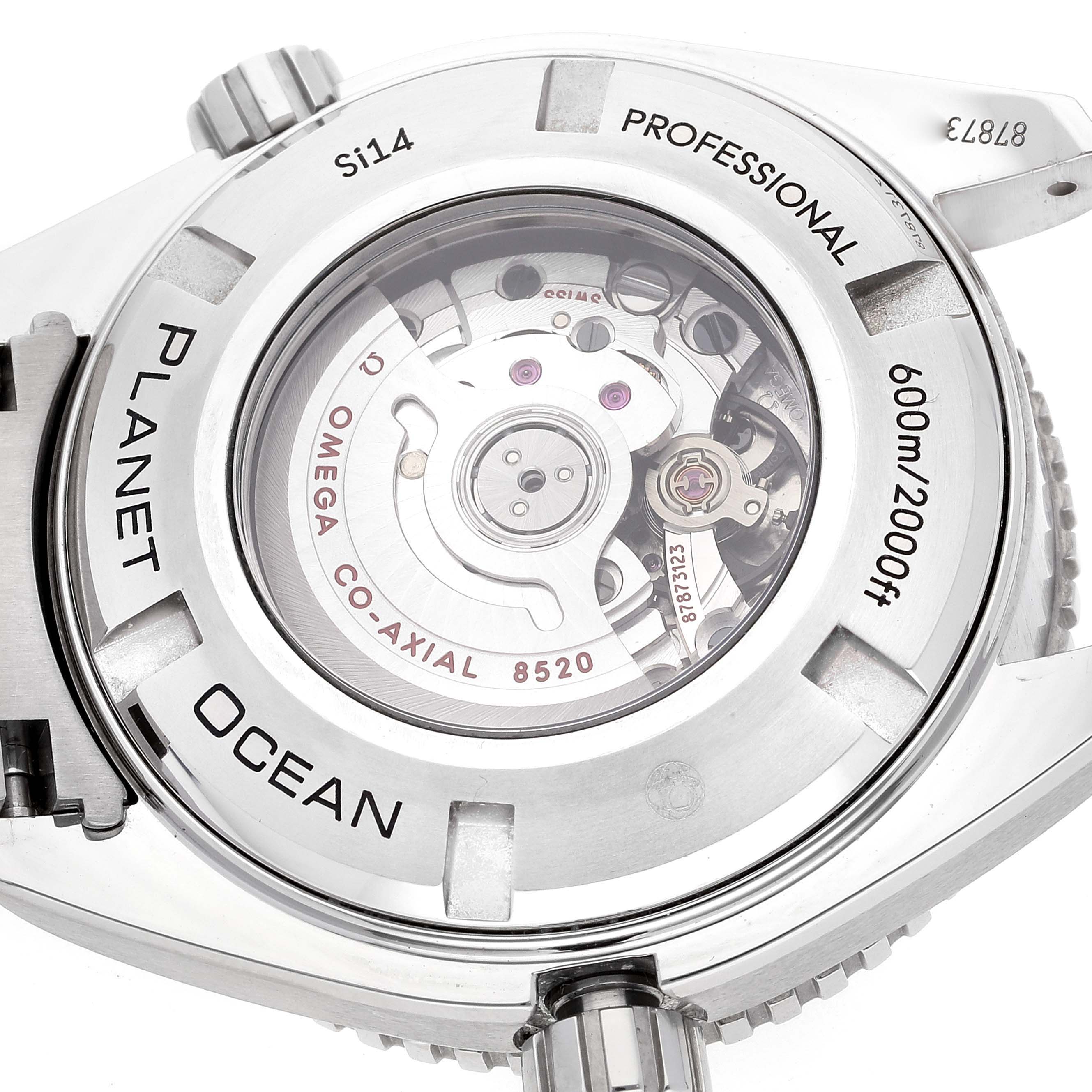 The image shows the back view of the Omega Planet Ocean 232.30.38.20.01.001 Men
s Stainless Steel Black Dial 232.30.38.20.01.001 Men
s Stainless Steel Black Dial watch, including the movement and case details.