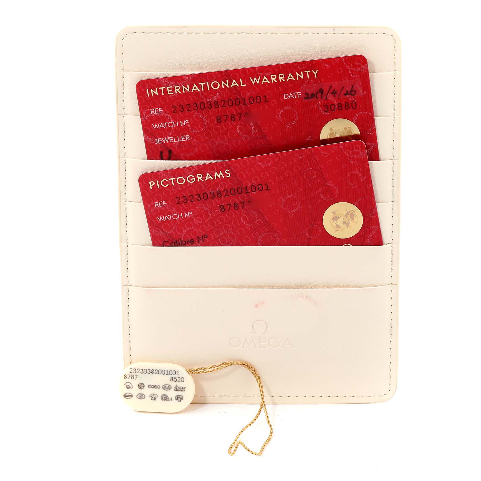 This image shows the warranty cards and tag for the Omega Planet Ocean 232.30.38.20.01.001 Men
s Stainless Steel Black Dial 232.30.38.20.01.001 Men
s Stainless Steel Black Dial model, placed in a leather cardholder.