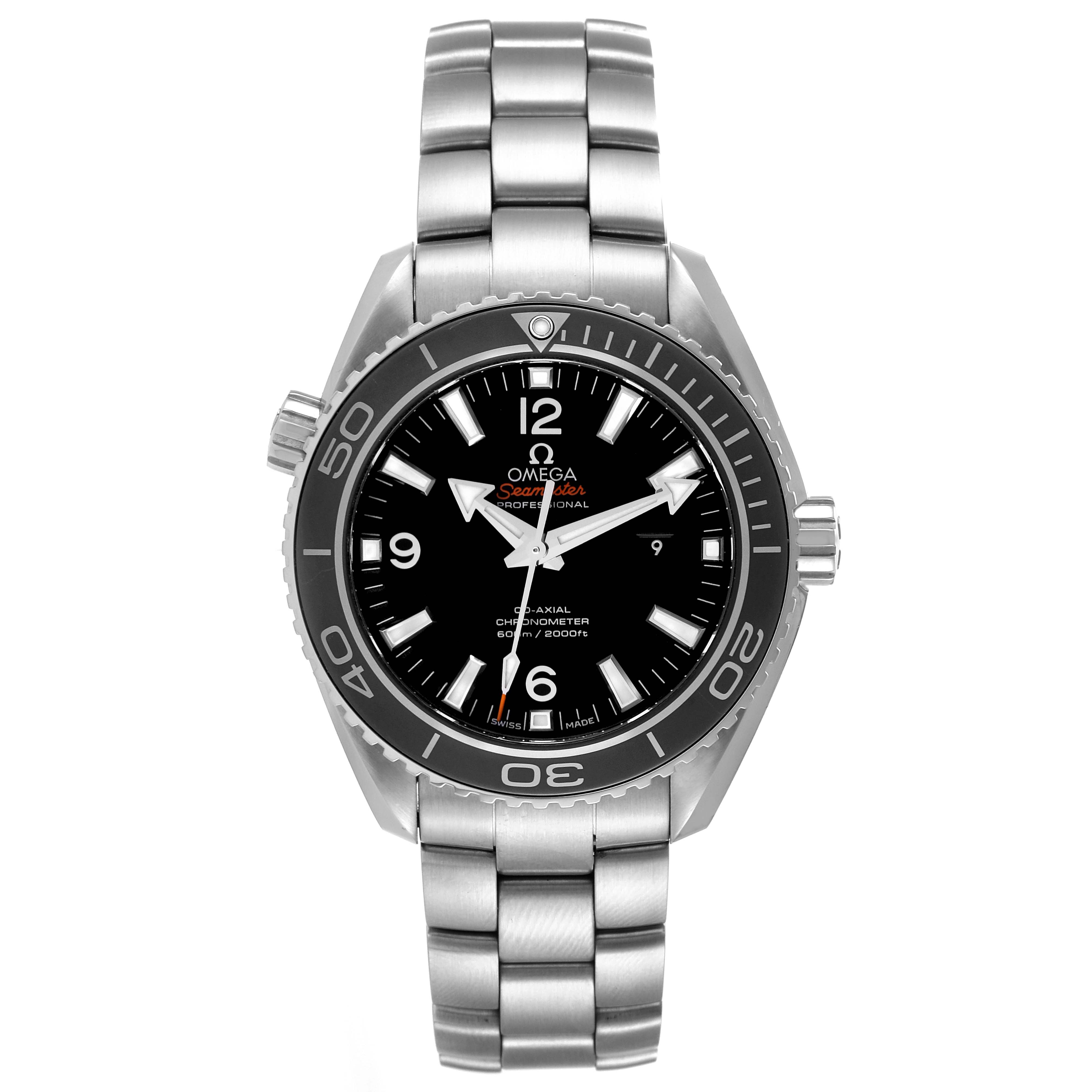The image shows the front view of the Omega Planet Ocean 232.30.38.20.01.001 Men
s Stainless Steel Black Dial 232.30.38.20.01.001 Men
s Stainless Steel Black Dial watch, highlighting its face, bezel, and stainless steel bracelet.