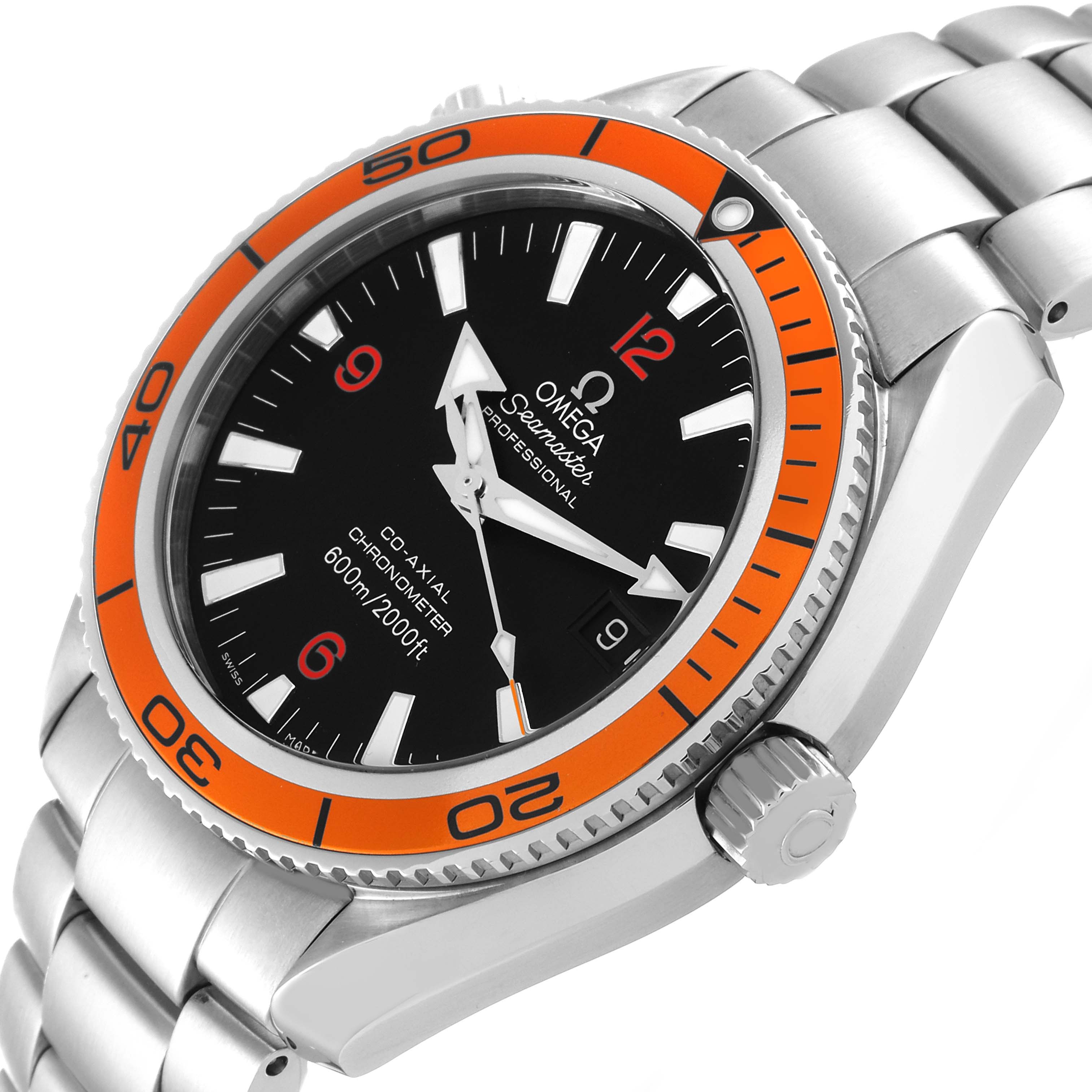 The Omega Planet Ocean 2209.50.00 Men
s Stainless Steel Black Dial 2209.50.00 Men
s Stainless Steel Black Dial watch is shown at a slight angle, displaying the face, bezel, crown, and part of the bracelet.