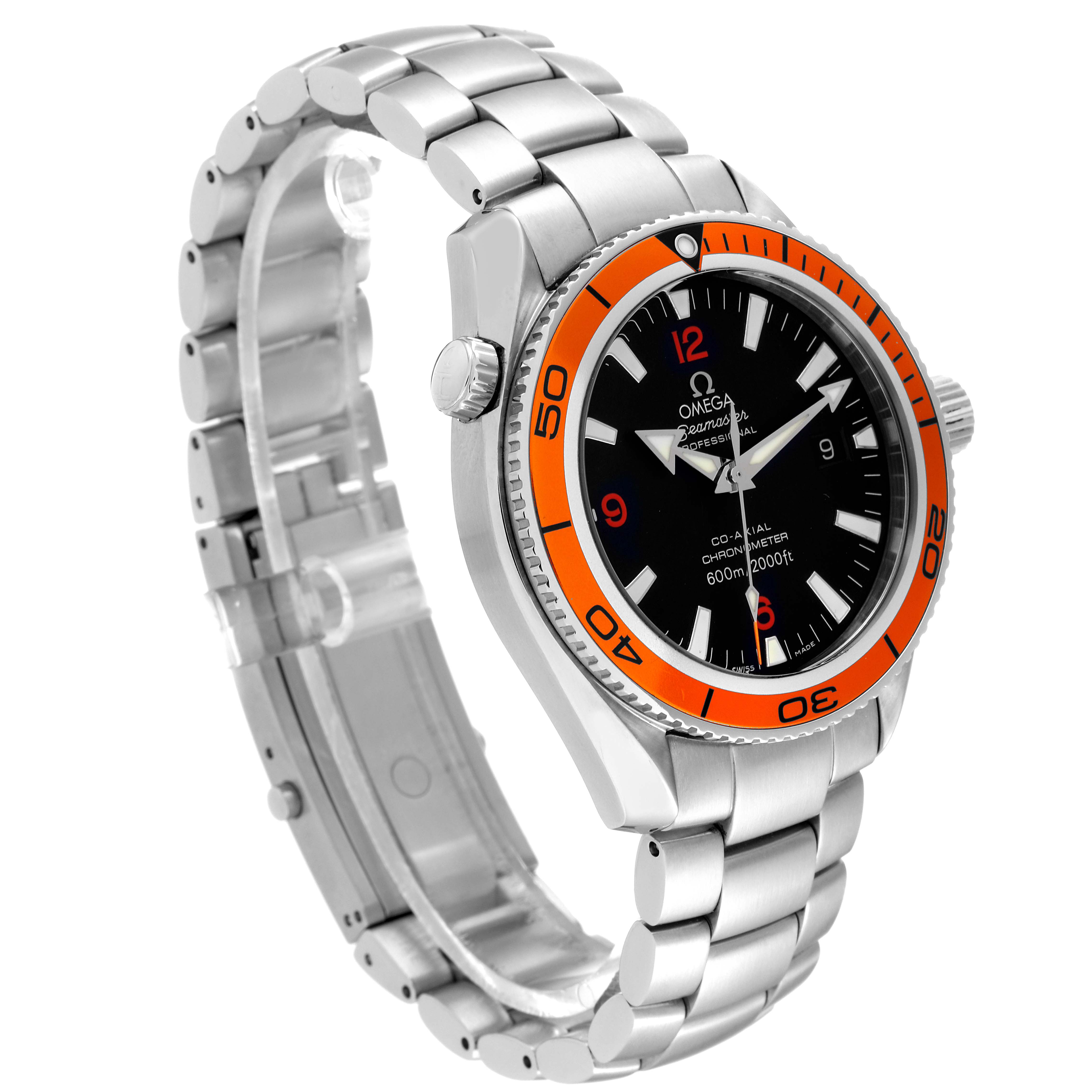 The image shows an Omega Planet Ocean 2209.50.00 Men
s Stainless Steel Black Dial 2209.50.00 Men
s Stainless Steel Black Dial watch at a slight angle, highlighting its orange bezel, black dial, and stainless steel bracelet.