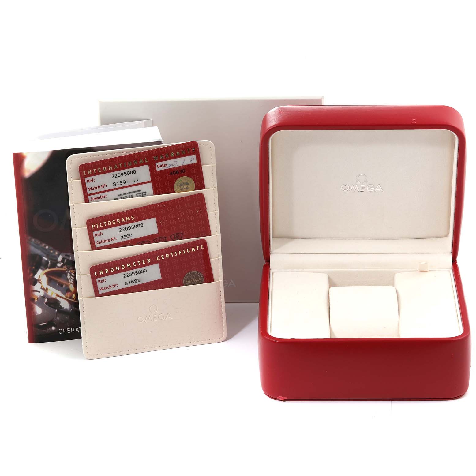 The image shows an Omega Planet Ocean 2209.50.00 Men
s Stainless Steel Black Dial 2209.50.00 Men
s Stainless Steel Black Dial watch box, warranty cards, certificates, and an instruction booklet.