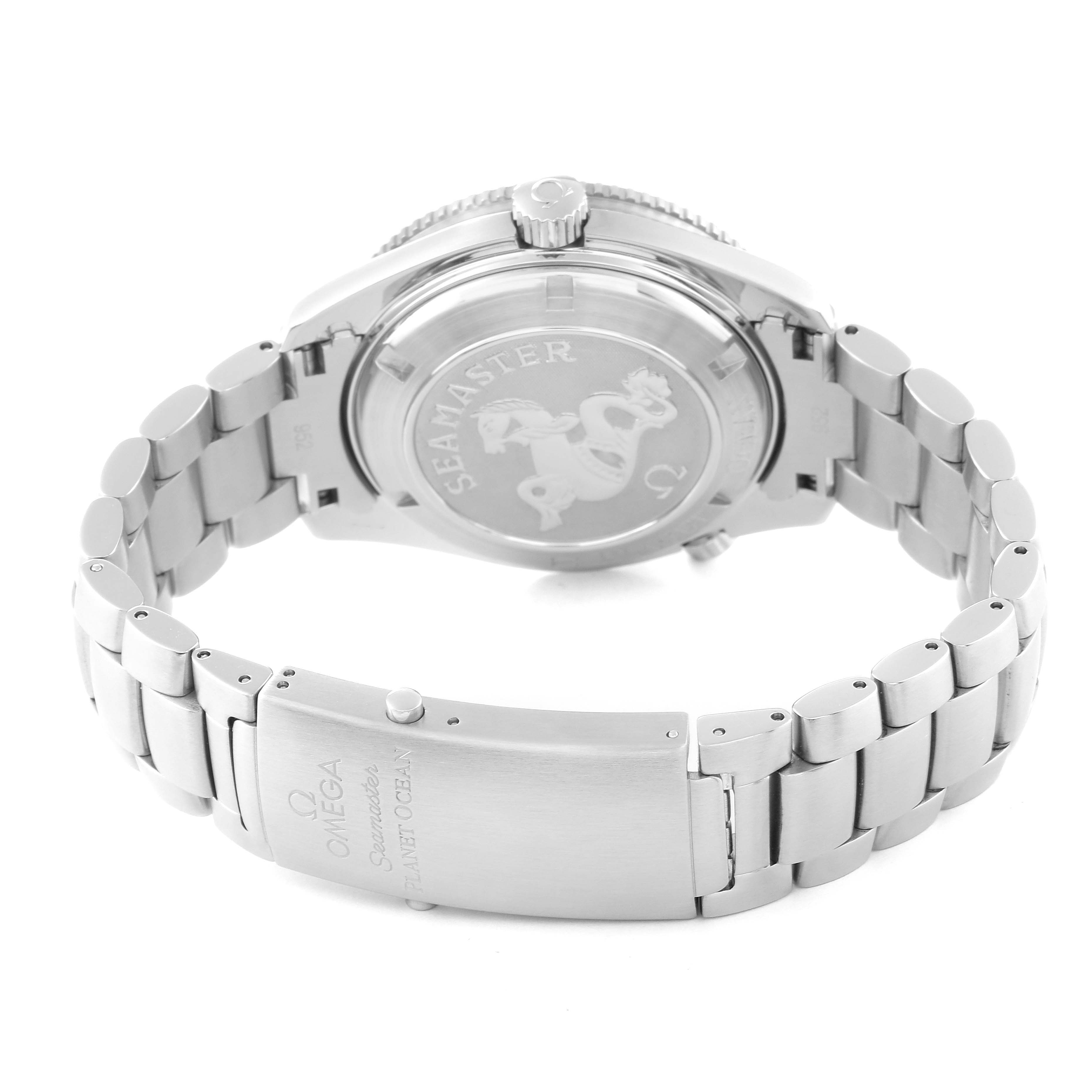 This Omega Planet Ocean 2209.50.00 Men
s Stainless Steel Black Dial 2209.50.00 Men
s Stainless Steel Black Dial watch is shown from the rear angle, highlighting its case back and metal bracelet clasp.