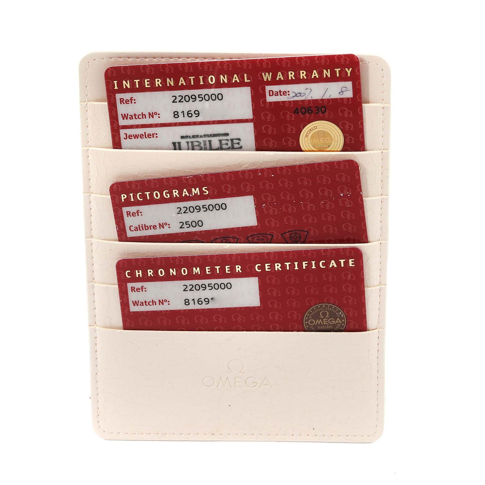 The image shows warranty cards for the Omega Planet Ocean 2209.50.00 Men
s Stainless Steel Black Dial 2209.50.00 Men
s Stainless Steel Black Dial watch, viewed from the front.