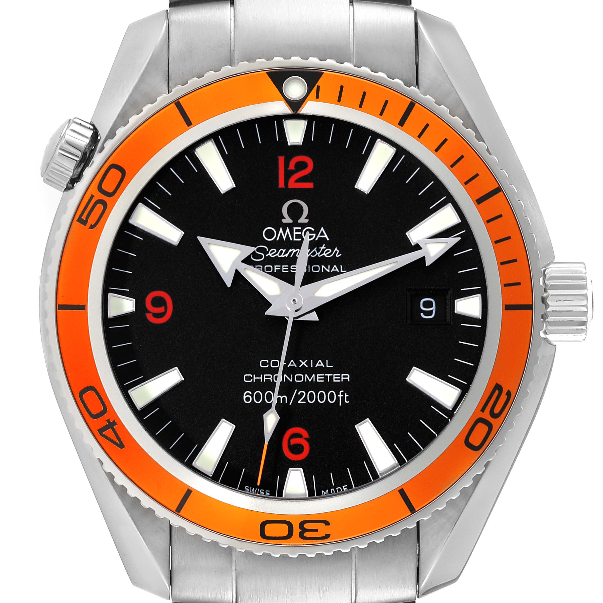 The Omega Planet Ocean 2209.50.00 Men
s Stainless Steel Black Dial 2209.50.00 Men
s Stainless Steel Black Dial watch is shown from the front, featuring the bezel, dial, and crown.