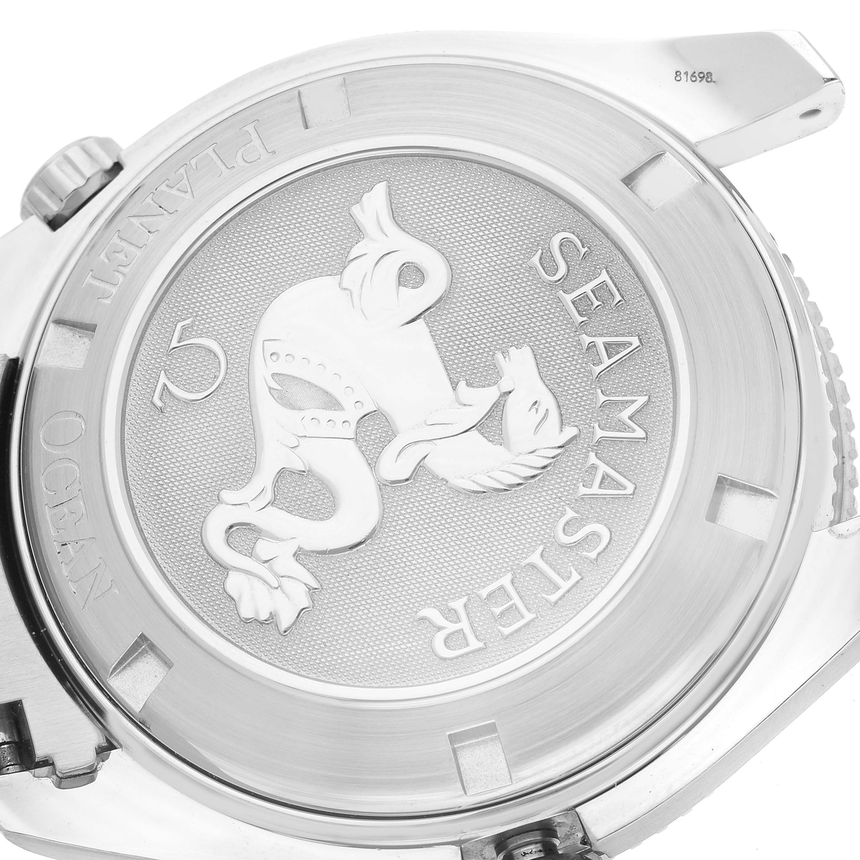 The image shows the back case of the Omega Planet Ocean 2209.50.00 Men
s Stainless Steel Black Dial 2209.50.00 Men
s Stainless Steel Black Dial watch, featuring the Seamaster logo.