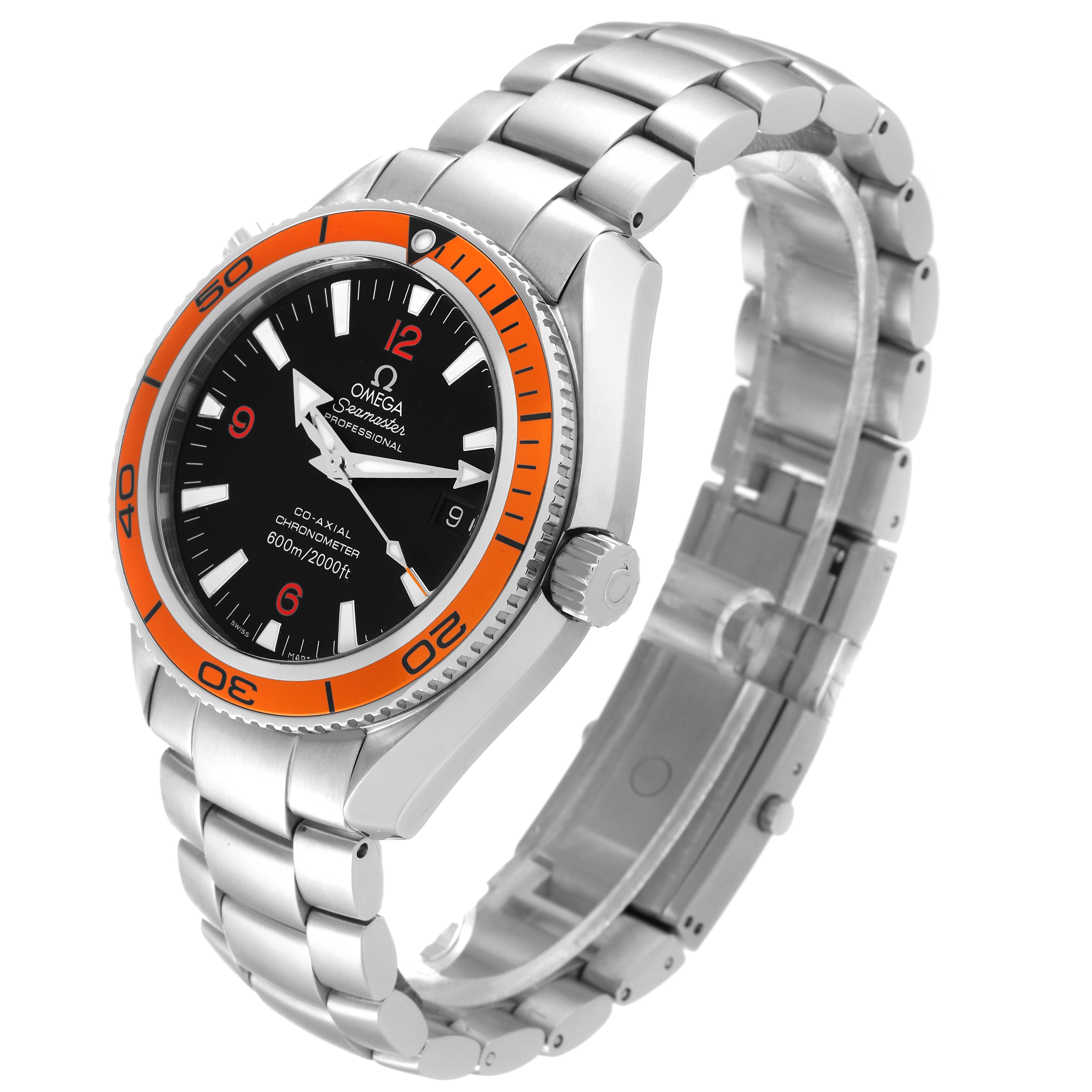 The image shows an angled view of the Omega Planet Ocean 2209.50.00 Men
s Stainless Steel Black Dial 2209.50.00 Men
s Stainless Steel Black Dial watch, highlighting its bezel, black dial, and metallic band.