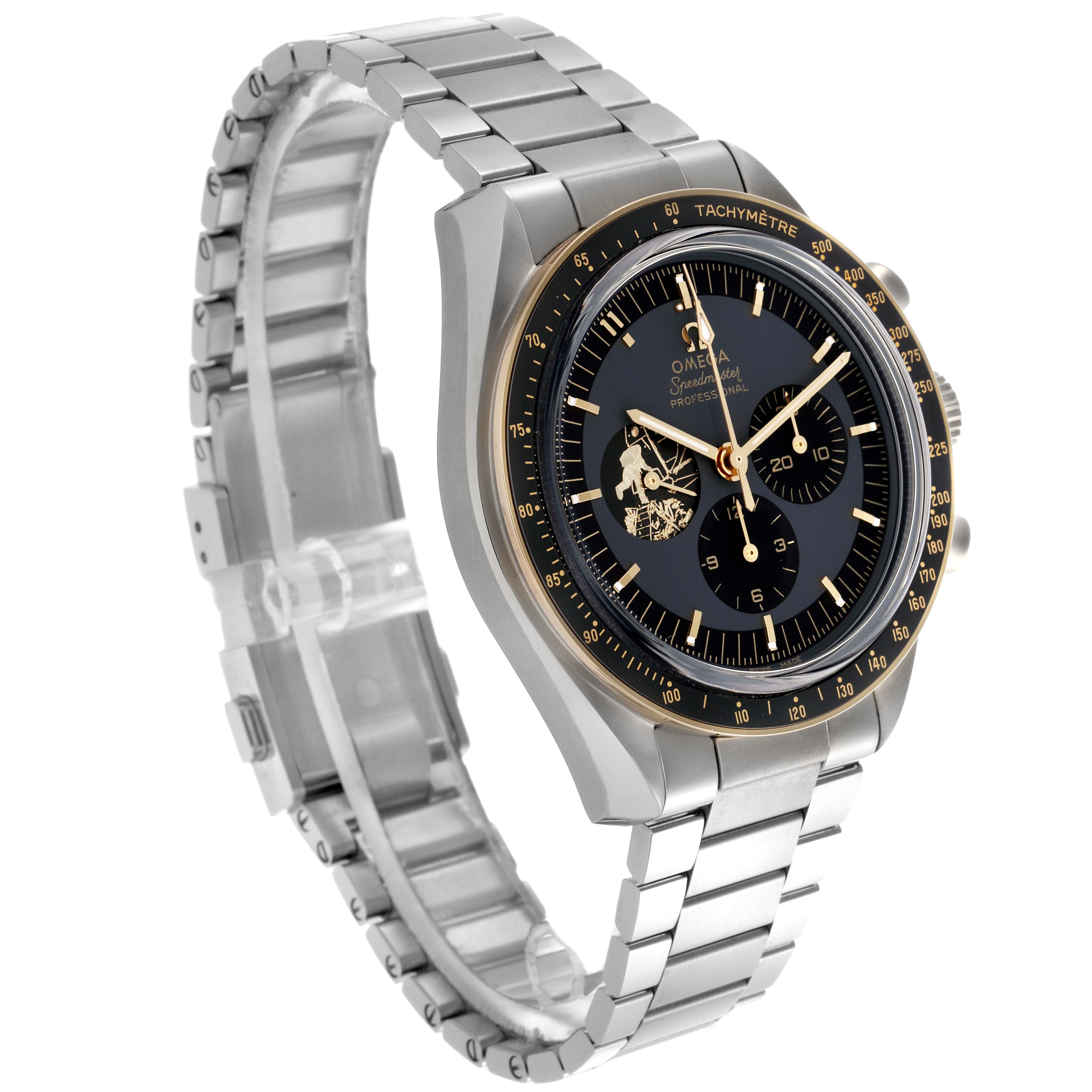 The Omega Speedmaster 310.20.42.50.01.001 Men's Stainless Steel Grey Dial 310.20.42.50.01.001 Men's Stainless Steel Grey Dial watch is shown from a three-quarter angle, highlighting the face, bezel, and bracelet.