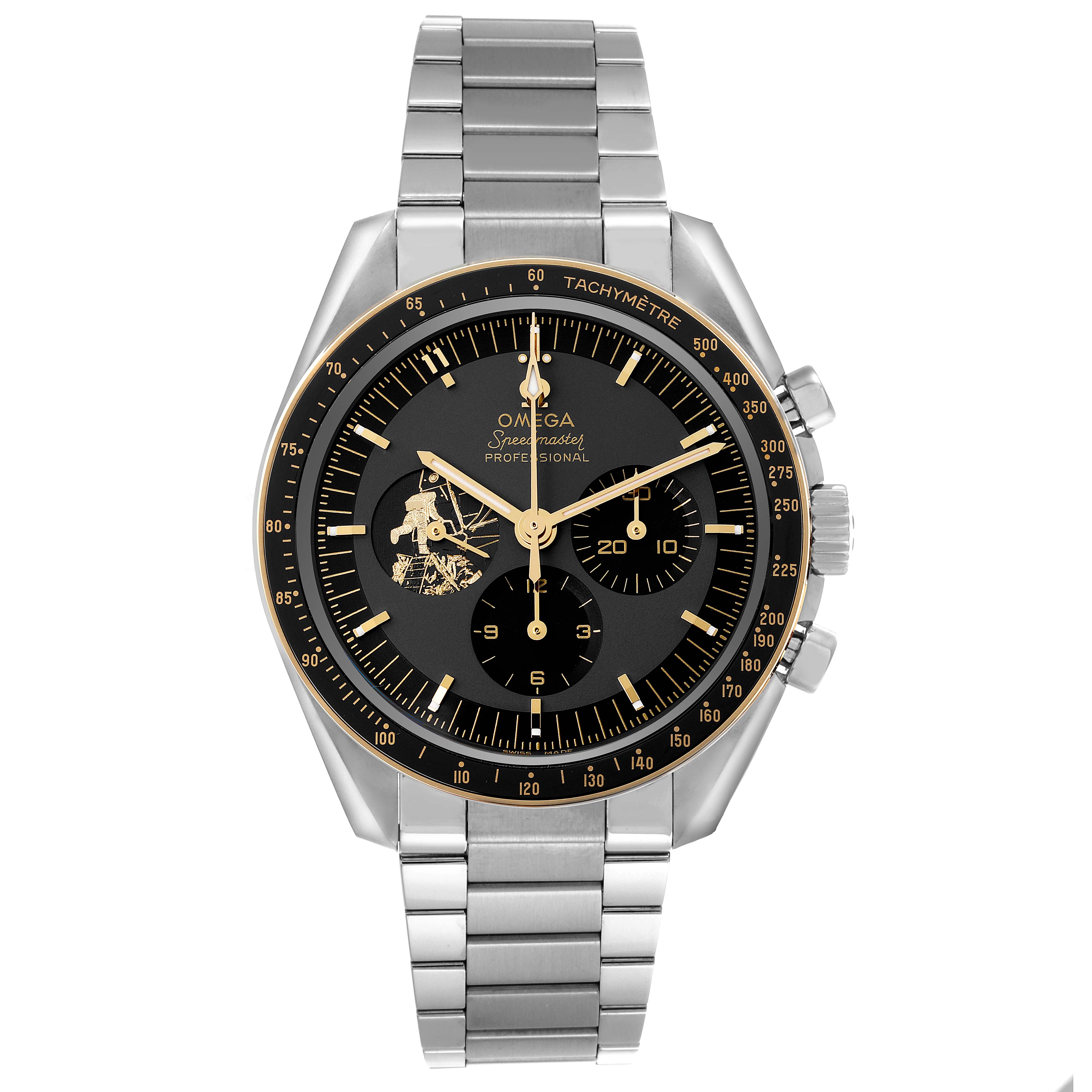 The Omega Speedmaster 310.20.42.50.01.001 Men's Stainless Steel Grey Dial 310.20.42.50.01.001 Men's Stainless Steel Grey Dial watch is shown from a front angle, displaying the full dial, bezel, and bracelet.
