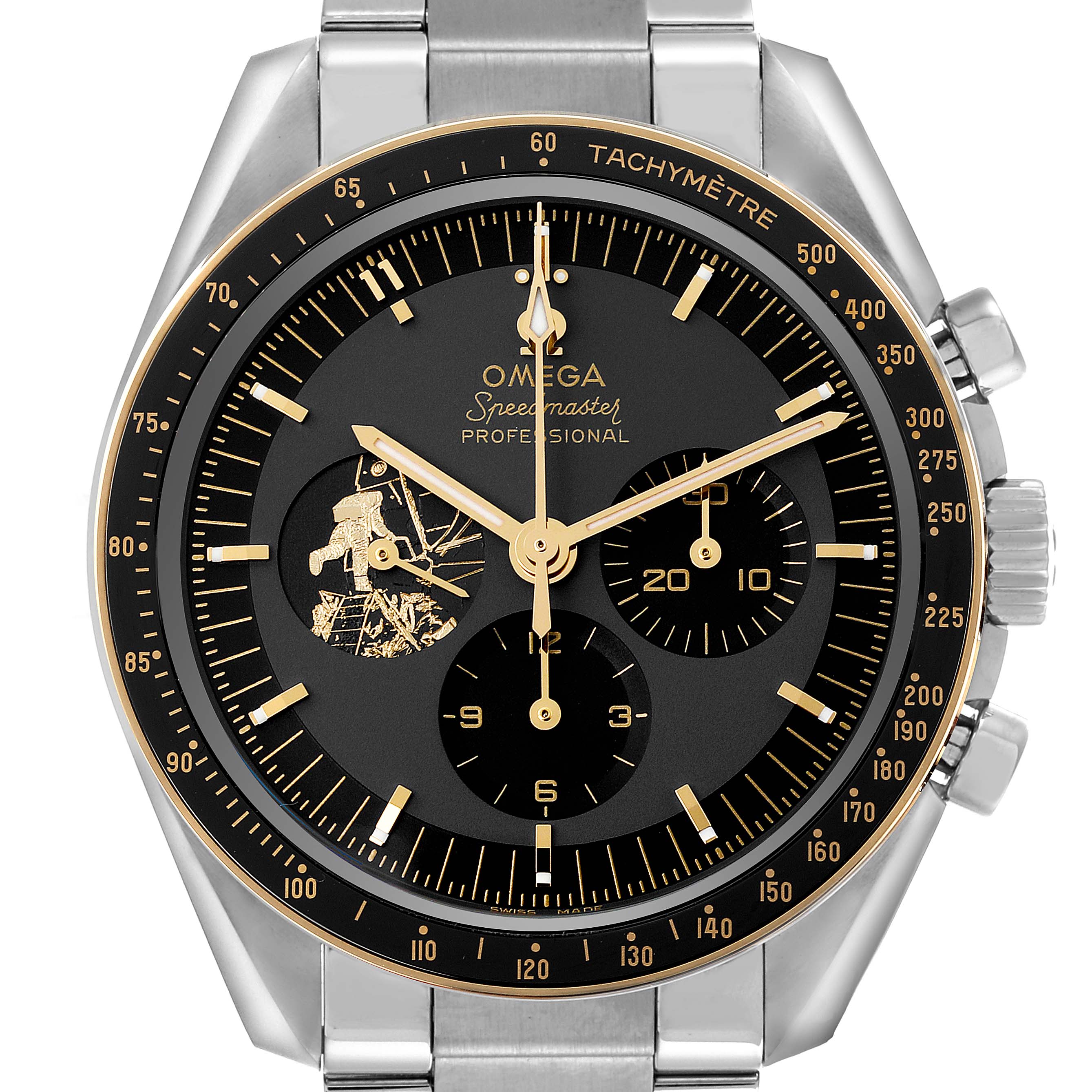 This Omega Speedmaster 310.20.42.50.01.001 Men's Stainless Steel Grey Dial 310.20.42.50.01.001 Men's Stainless Steel Grey Dial watch is shown from the front, displaying its dial, tachymetric bezel, and chronograph subdials.