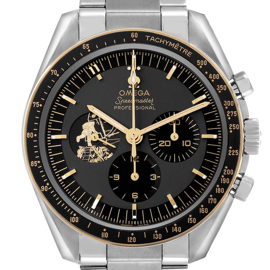 This Omega Speedmaster watch is shown from the front, displaying its dial, tachymetric bezel, and chronograph subdials.