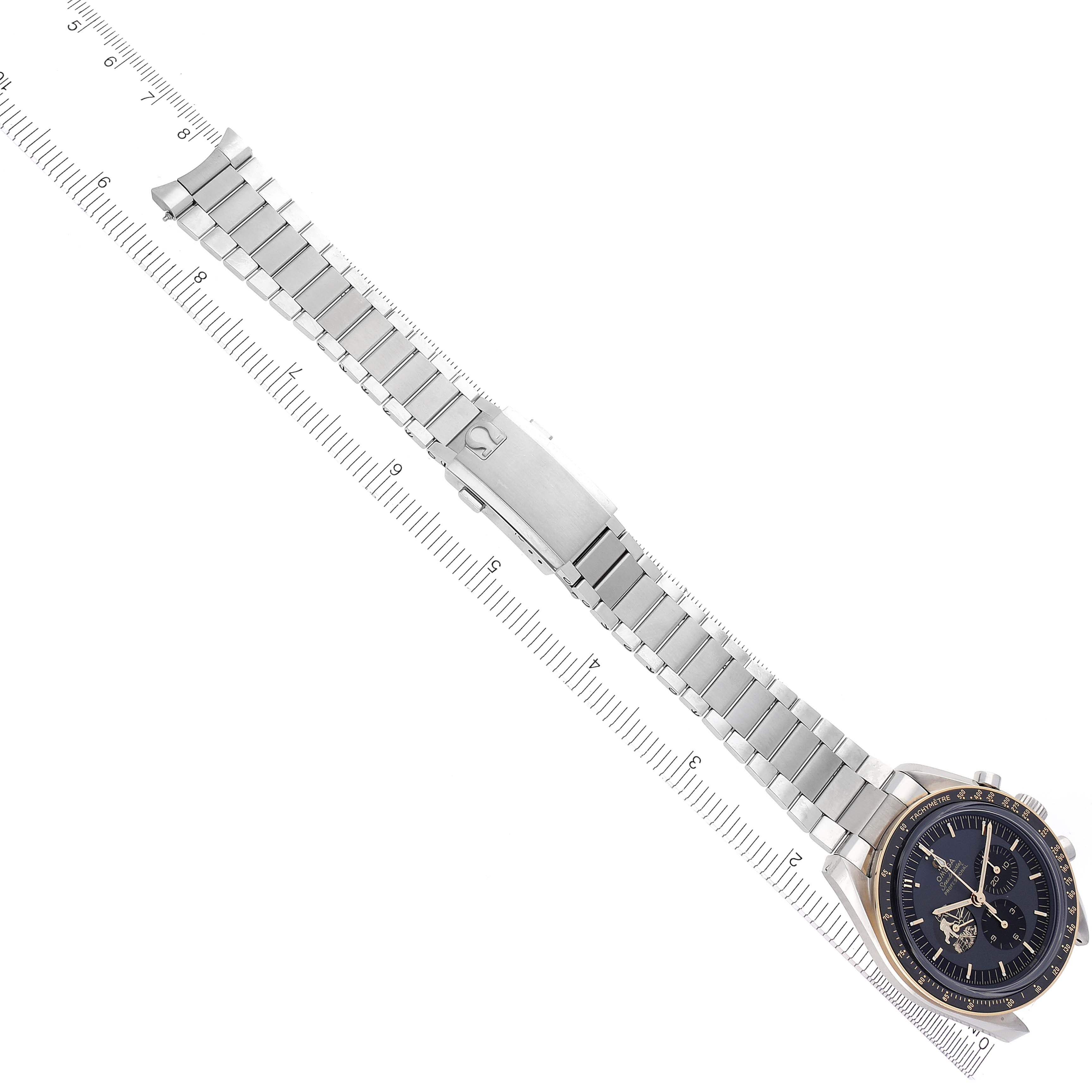 The Omega Speedmaster 310.20.42.50.01.001 Men's Stainless Steel Grey Dial 310.20.42.50.01.001 Men's Stainless Steel Grey Dial watch is shown from a top-down angle, highlighting the entire stainless steel bracelet and clasp.