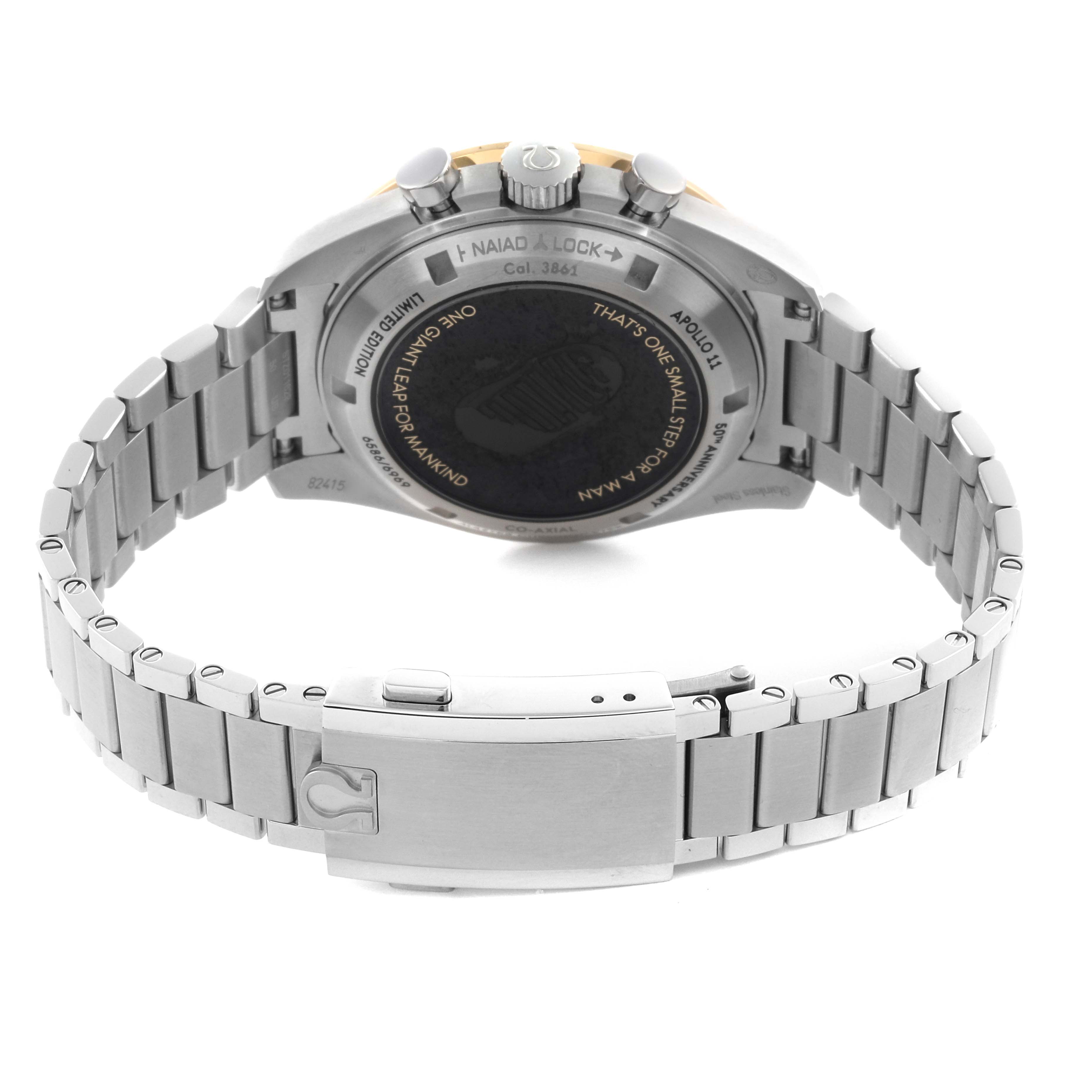 The image shows the back and bracelet of an Omega Speedmaster 310.20.42.50.01.001 Men's Stainless Steel Grey Dial 310.20.42.50.01.001 Men's Stainless Steel Grey Dial, highlighting the clasp and case back details.