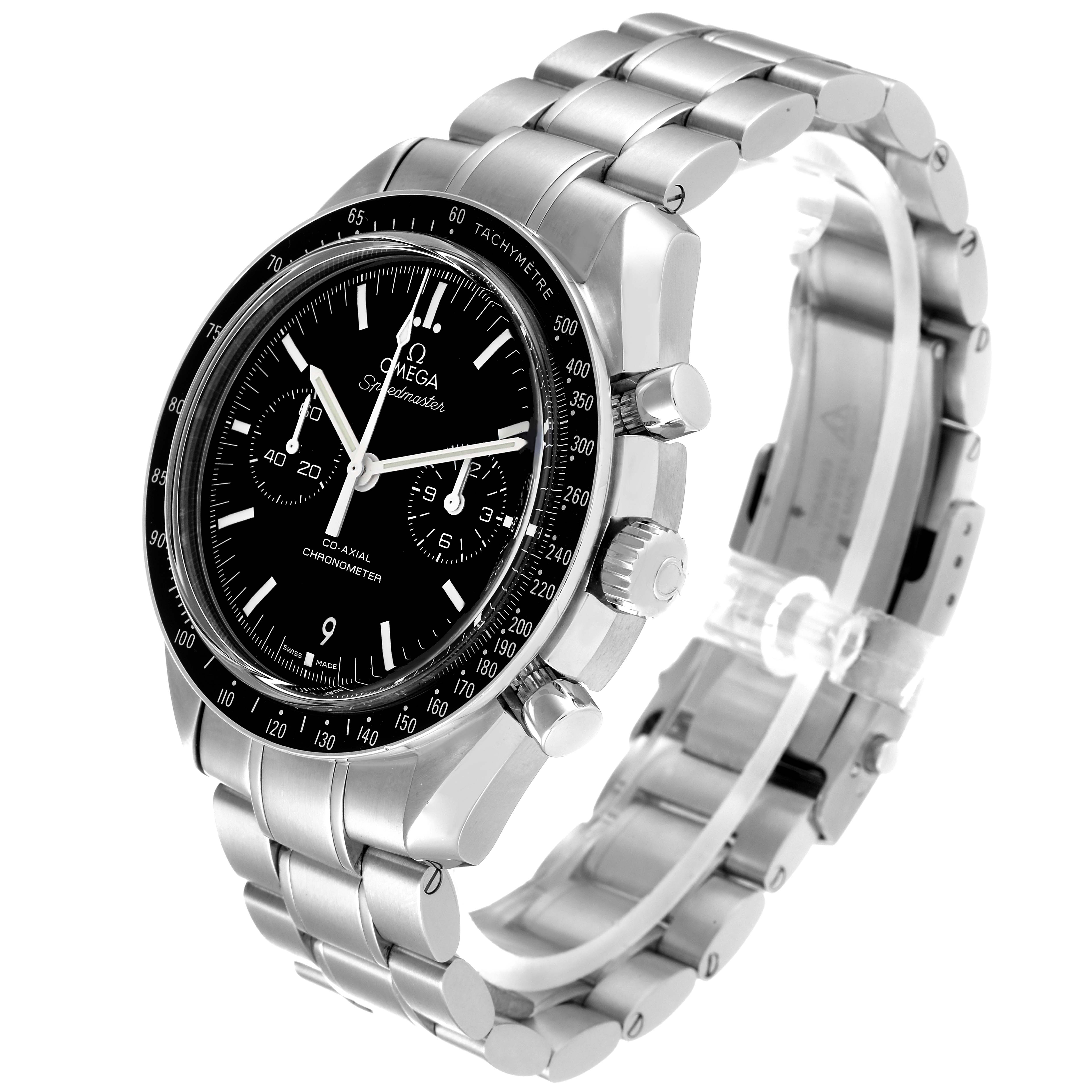 The Omega Speedmaster 311.30.44.51.01.002 Men's Stainless Steel Black Dial 311.30.44.51.01.002 Men's Stainless Steel Black Dial watch is shown at a three-quarter angle, highlighting its black dial, bezel, and stainless steel bracelet.