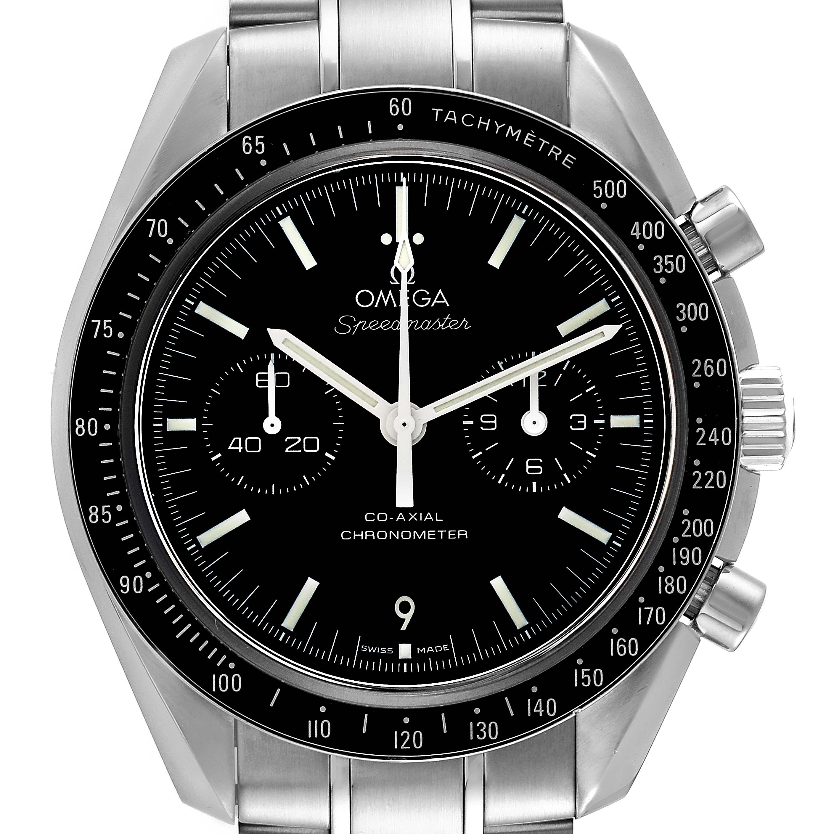 This image shows a front view of an Omega Speedmaster 311.30.44.51.01.002 Men's Stainless Steel Black Dial 311.30.44.51.01.002 Men's Stainless Steel Black Dial watch, highlighting its dial and bezel with tachymeter scale.