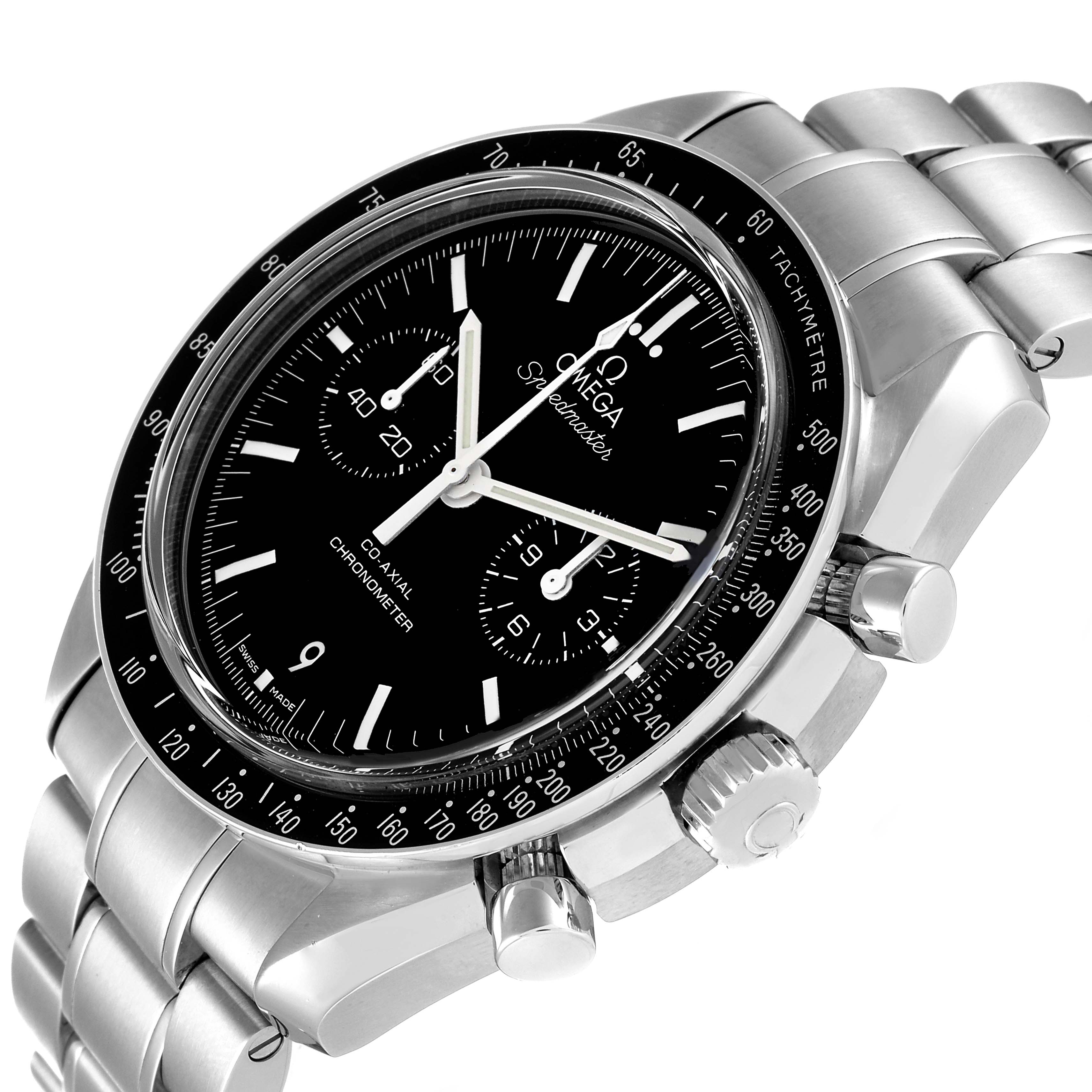 The image shows an angled view of an Omega Speedmaster 311.30.44.51.01.002 Men's Stainless Steel Black Dial 311.30.44.51.01.002 Men's Stainless Steel Black Dial, highlighting the dial, bezel, pushers, crown, and bracelet.
