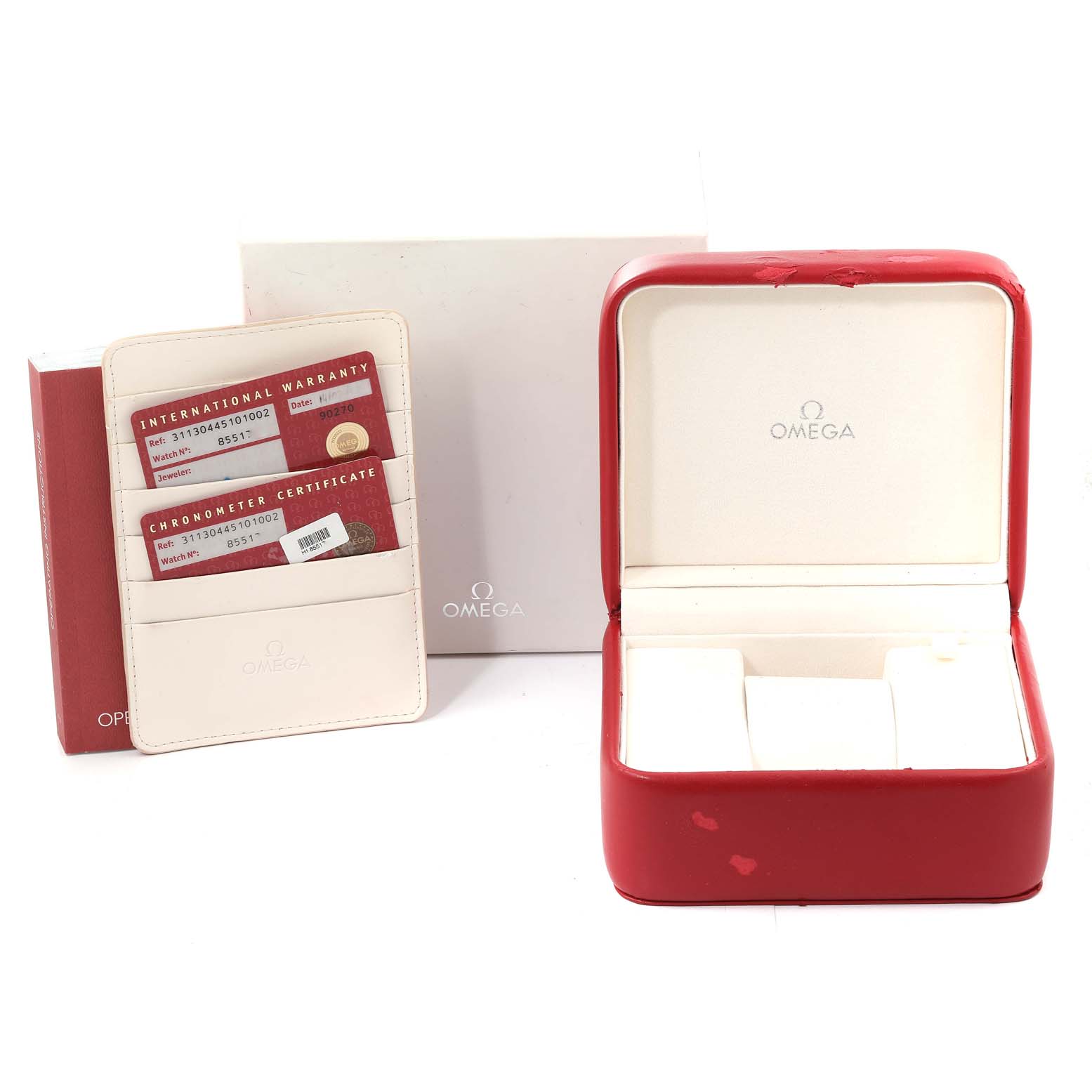 The image shows the packaging and accessories for an Omega Speedmaster 311.30.44.51.01.002 Men's Stainless Steel Black Dial 311.30.44.51.01.002 Men's Stainless Steel Black Dial, including the watch box, warranty card holder, and certificates.