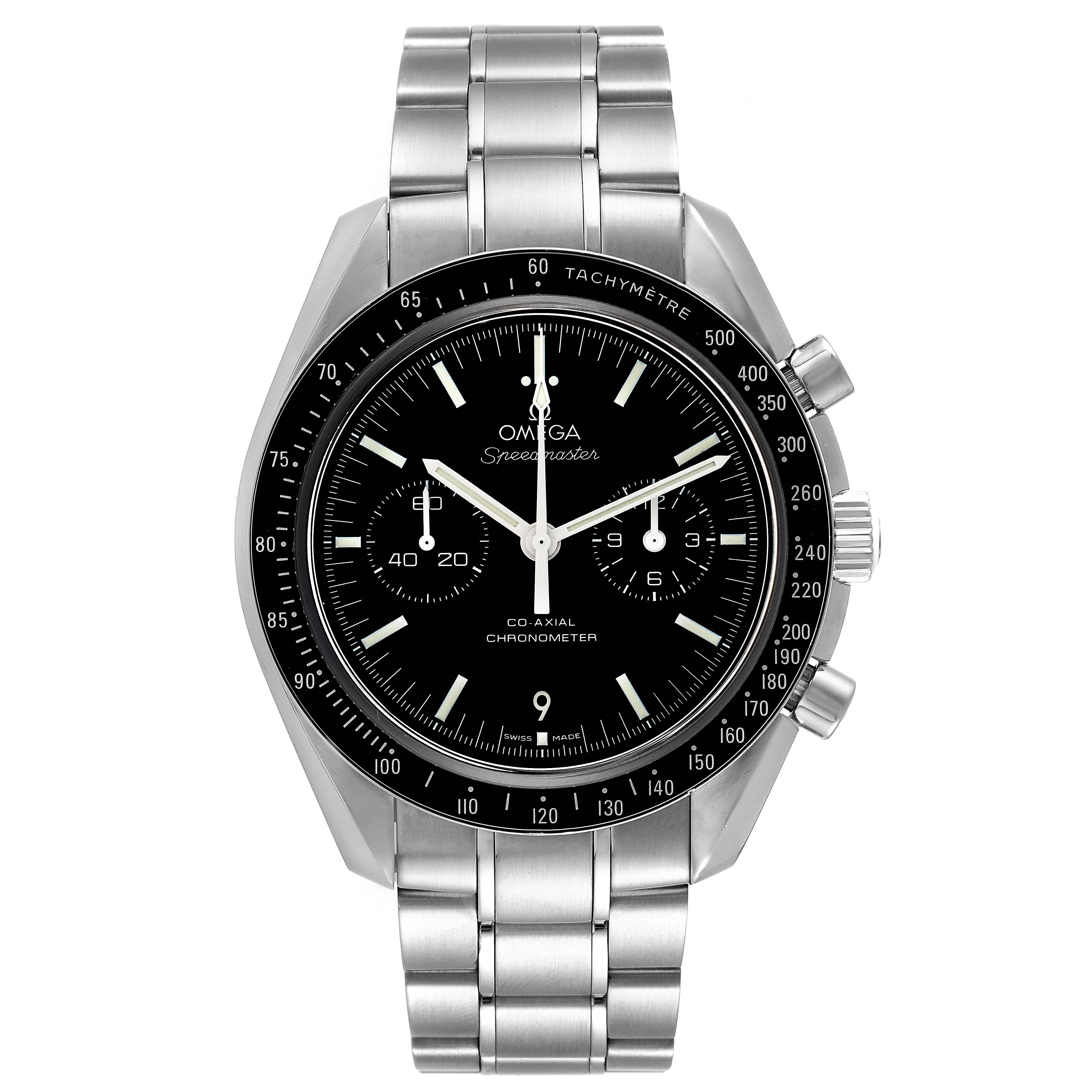 The image shows a front view of an Omega Speedmaster 311.30.44.51.01.002 Men's Stainless Steel Black Dial 311.30.44.51.01.002 Men's Stainless Steel Black Dial watch, highlighting its black dial, chronograph sub-dials, and stainless steel bracelet.