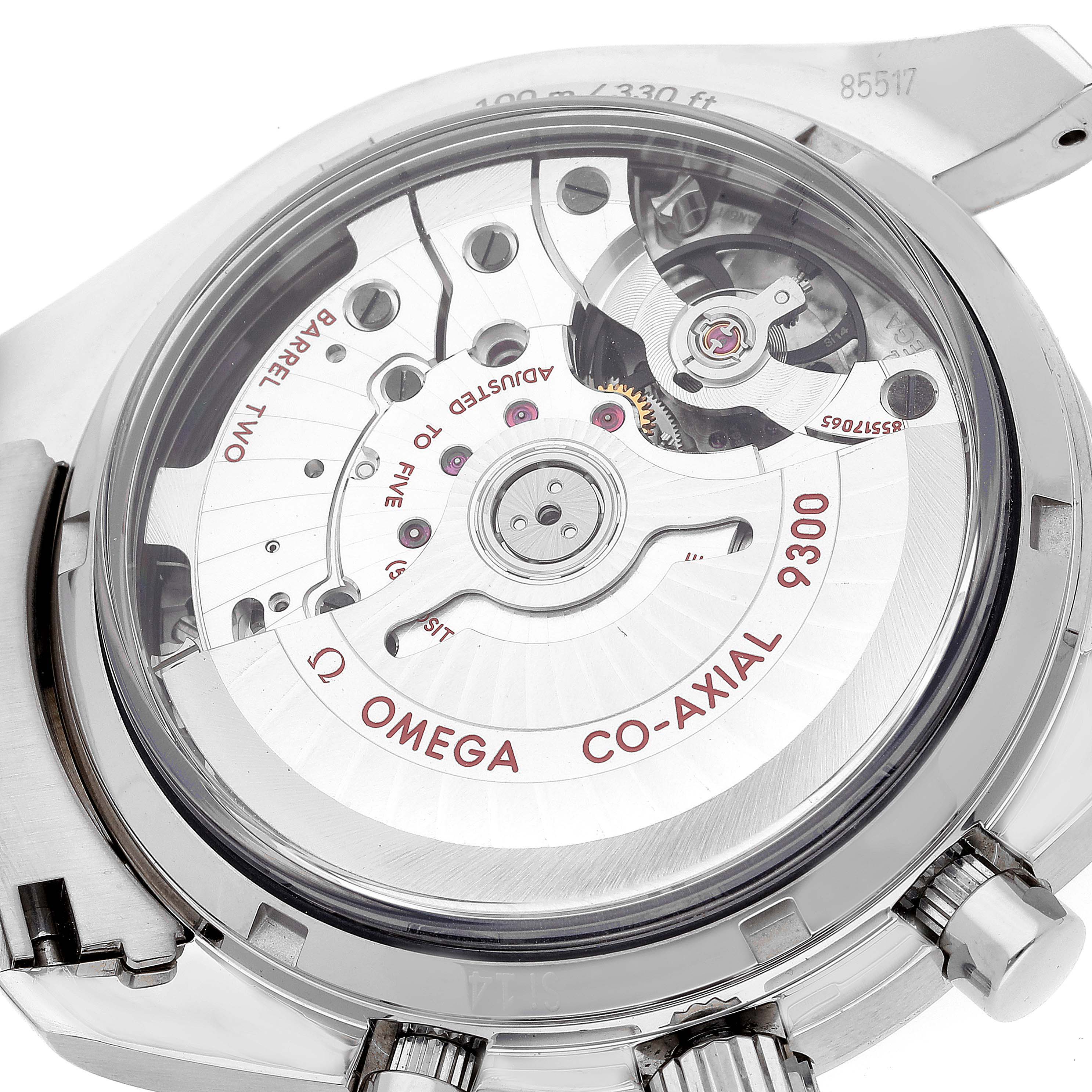 The image shows the rear view of an Omega Speedmaster 311.30.44.51.01.002 Men's Stainless Steel Black Dial 311.30.44.51.01.002 Men's Stainless Steel Black Dial watch, highlighting its Co-Axial 9300 movement.