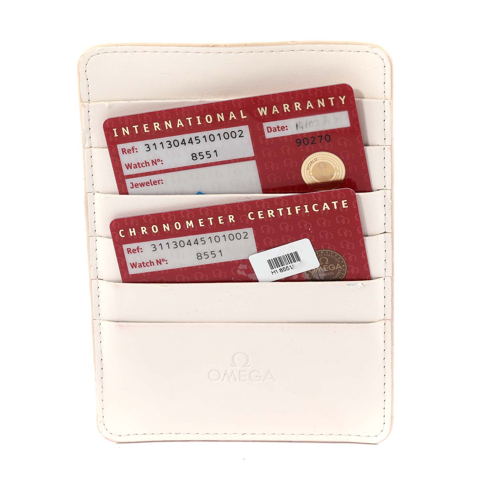 The image shows the warranty and chronometer certificate cards for the Omega Speedmaster 311.30.44.51.01.002 Men's Stainless Steel Black Dial 311.30.44.51.01.002 Men's Stainless Steel Black Dial watch in a branded white cardholder.