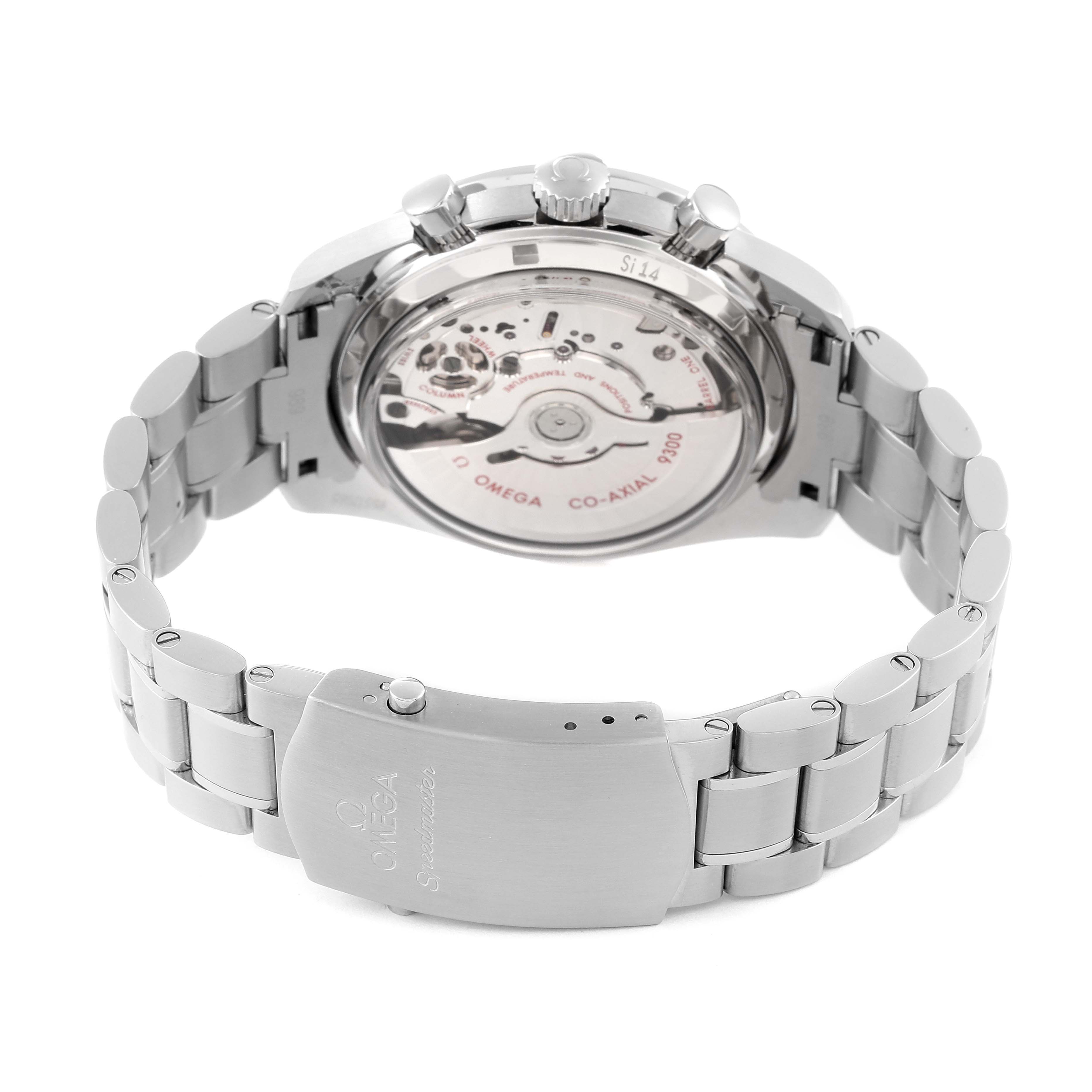 The image shows the back view of an Omega Speedmaster 311.30.44.51.01.002 Men's Stainless Steel Black Dial 311.30.44.51.01.002 Men's Stainless Steel Black Dial, highlighting its open case back and stainless steel bracelet.