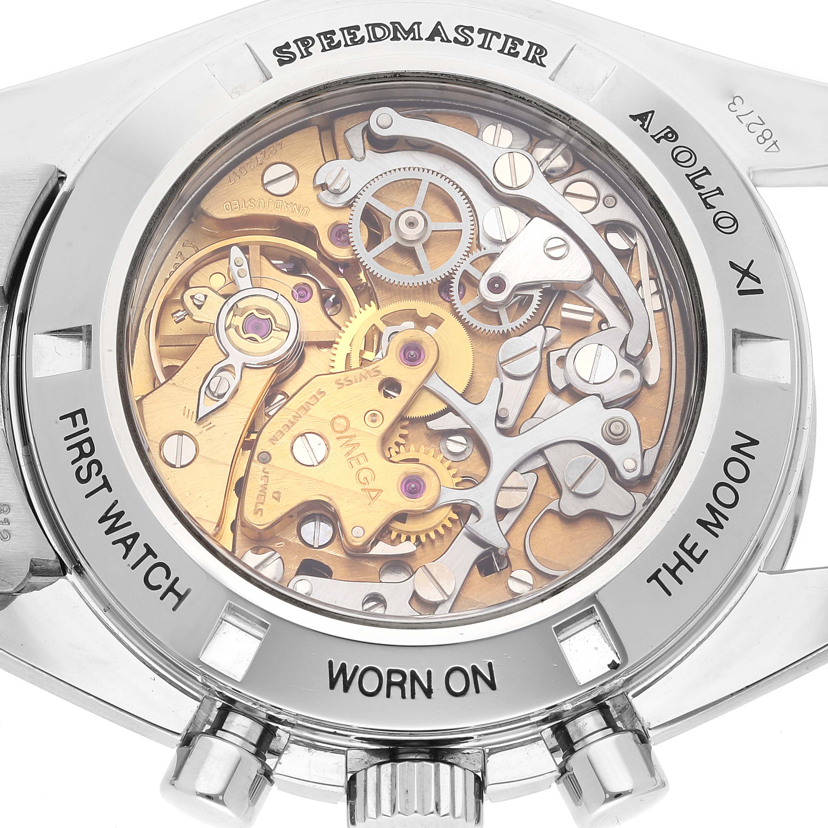 This image shows the backside of an Omega Speedmaster 3592.50.00 Men's Stainless Steel Black Dial 3592.50.00 Men's Stainless Steel Black Dial watch, revealing the intricate internal mechanism and engravings.