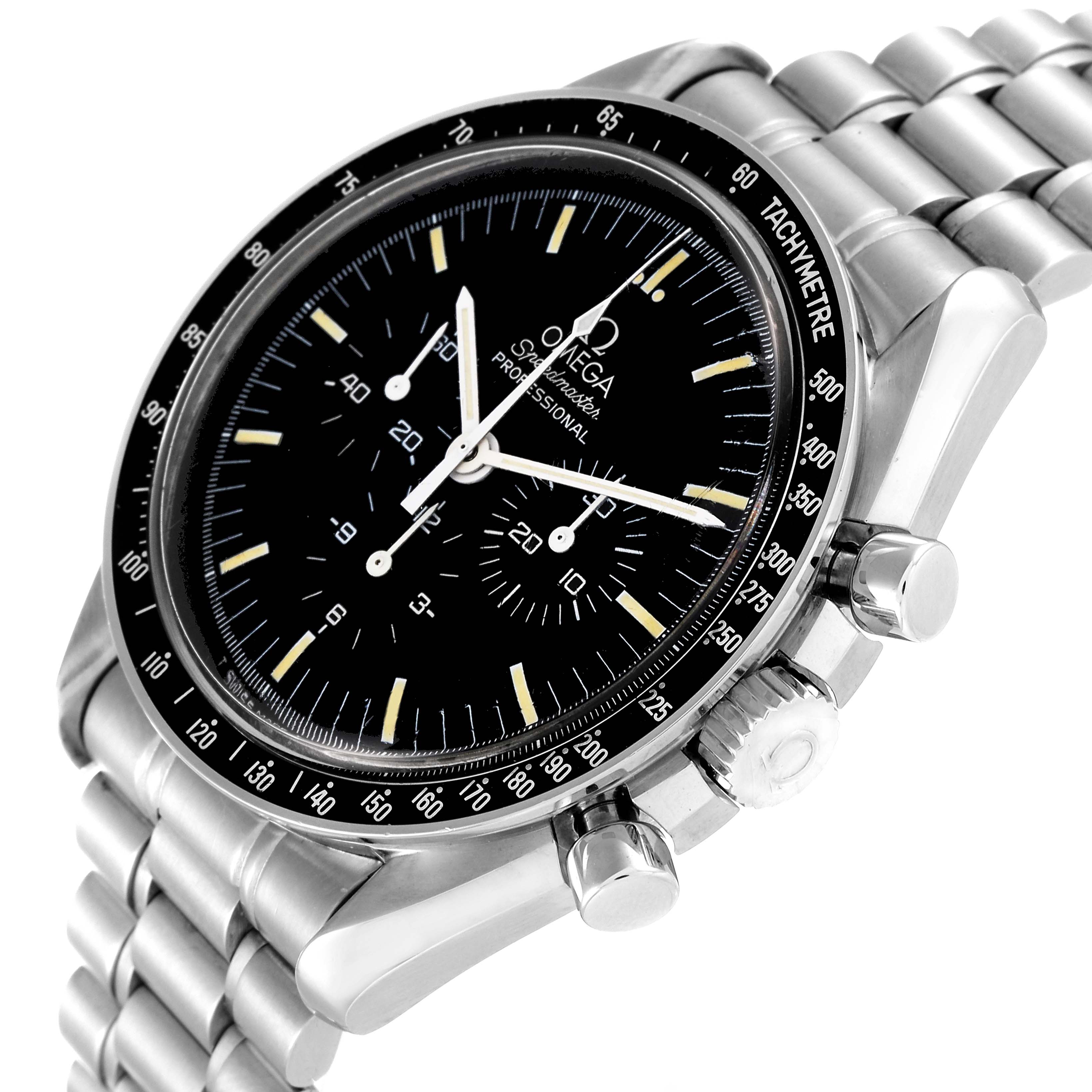 The image shows a close-up of the Omega Speedmaster 3592.50.00 Men's Stainless Steel Black Dial 3592.50.00 Men's Stainless Steel Black Dial watch at a slight angle, highlighting the face, bezel, and part of the bracelet.