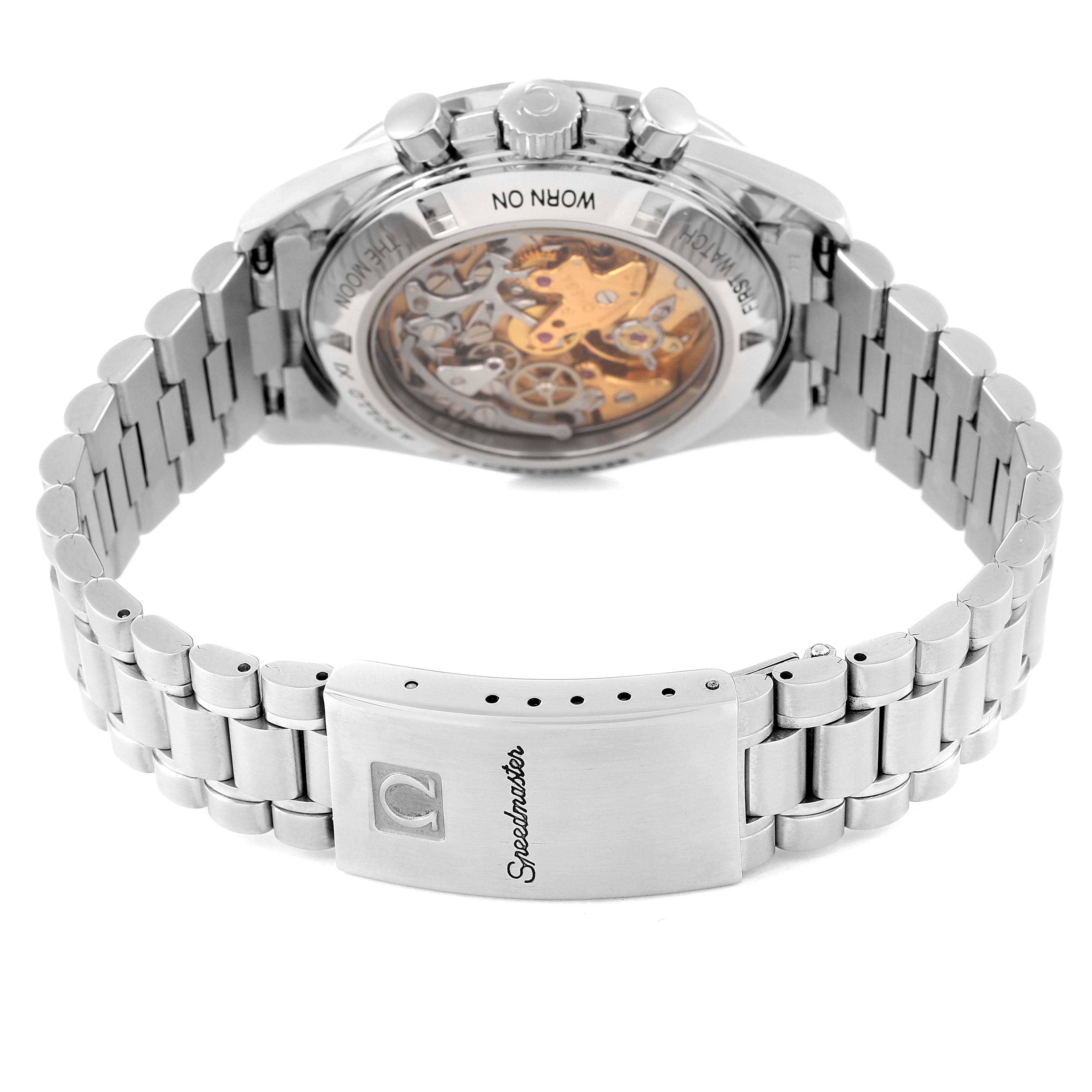 The image shows the backside and clasp of an Omega Speedmaster 3592.50.00 Men's Stainless Steel Black Dial 3592.50.00 Men's Stainless Steel Black Dial watch, highlighting its stainless steel bracelet and visible movement.