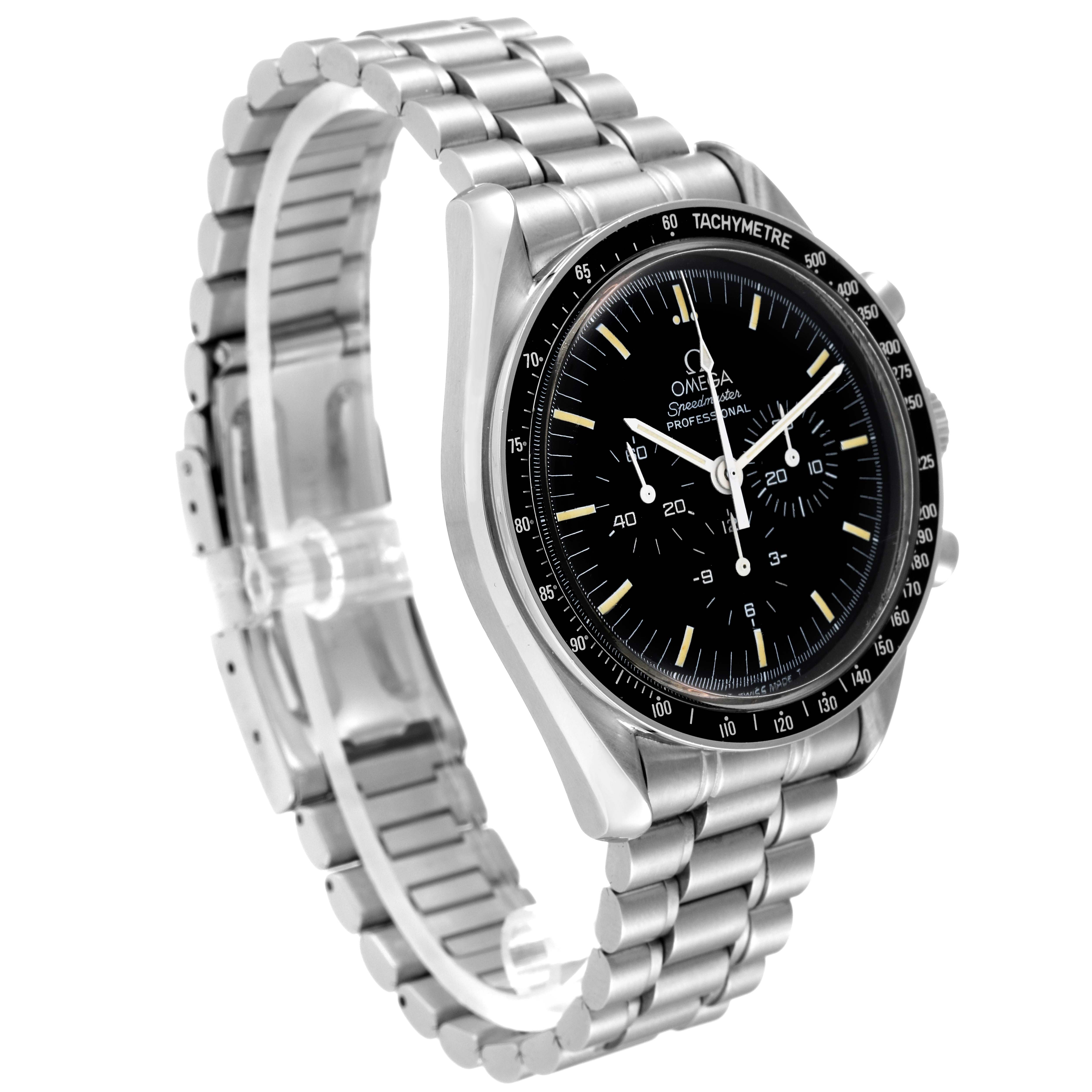 This image shows a side-angle view of an Omega Speedmaster 3592.50.00 Men's Stainless Steel Black Dial 3592.50.00 Men's Stainless Steel Black Dial watch with a stainless steel bracelet and black dial.