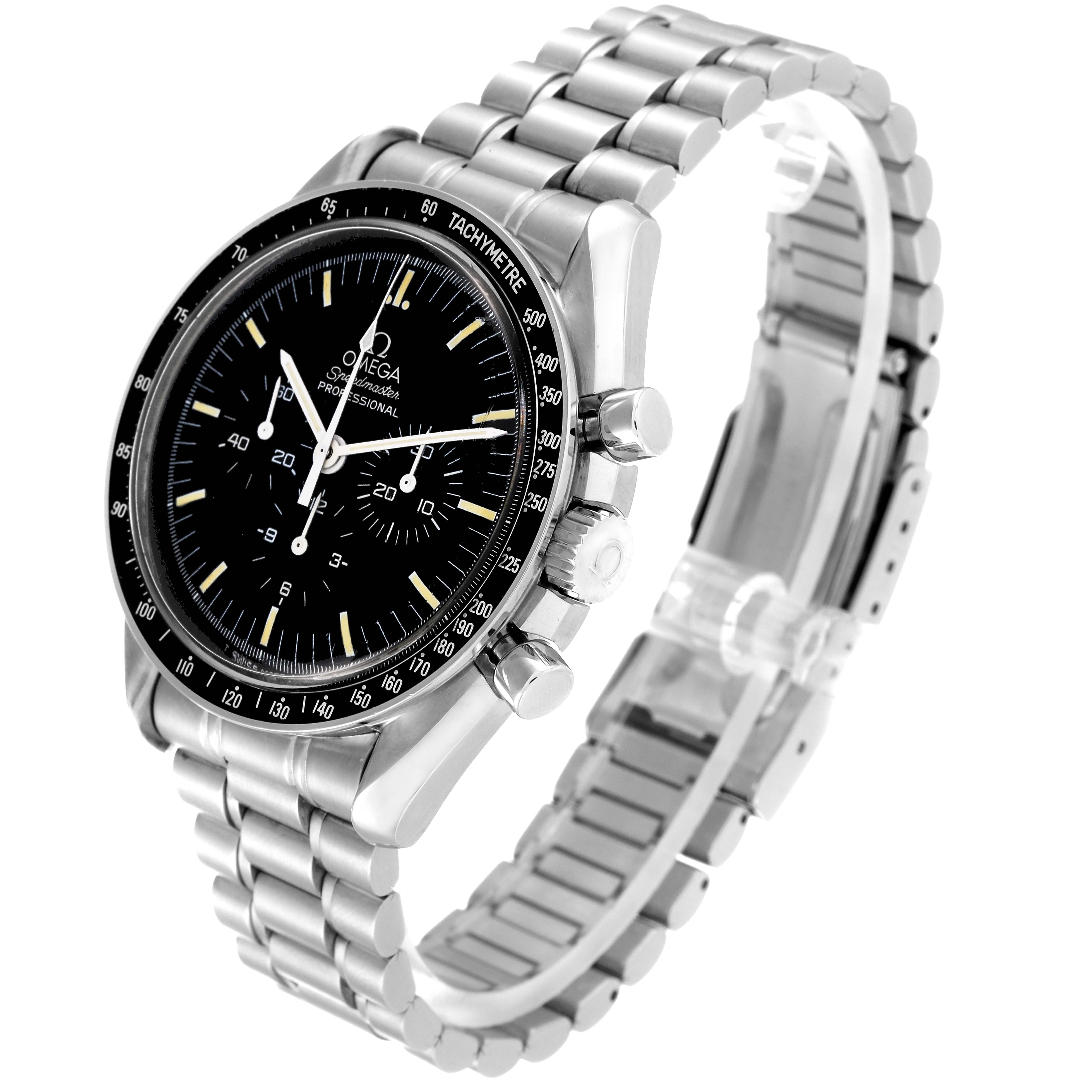 This image shows a right-side angle of an Omega Speedmaster 3592.50.00 Men's Stainless Steel Black Dial 3592.50.00 Men's Stainless Steel Black Dial watch, highlighting the dial, bracelet, and chronograph pushers.