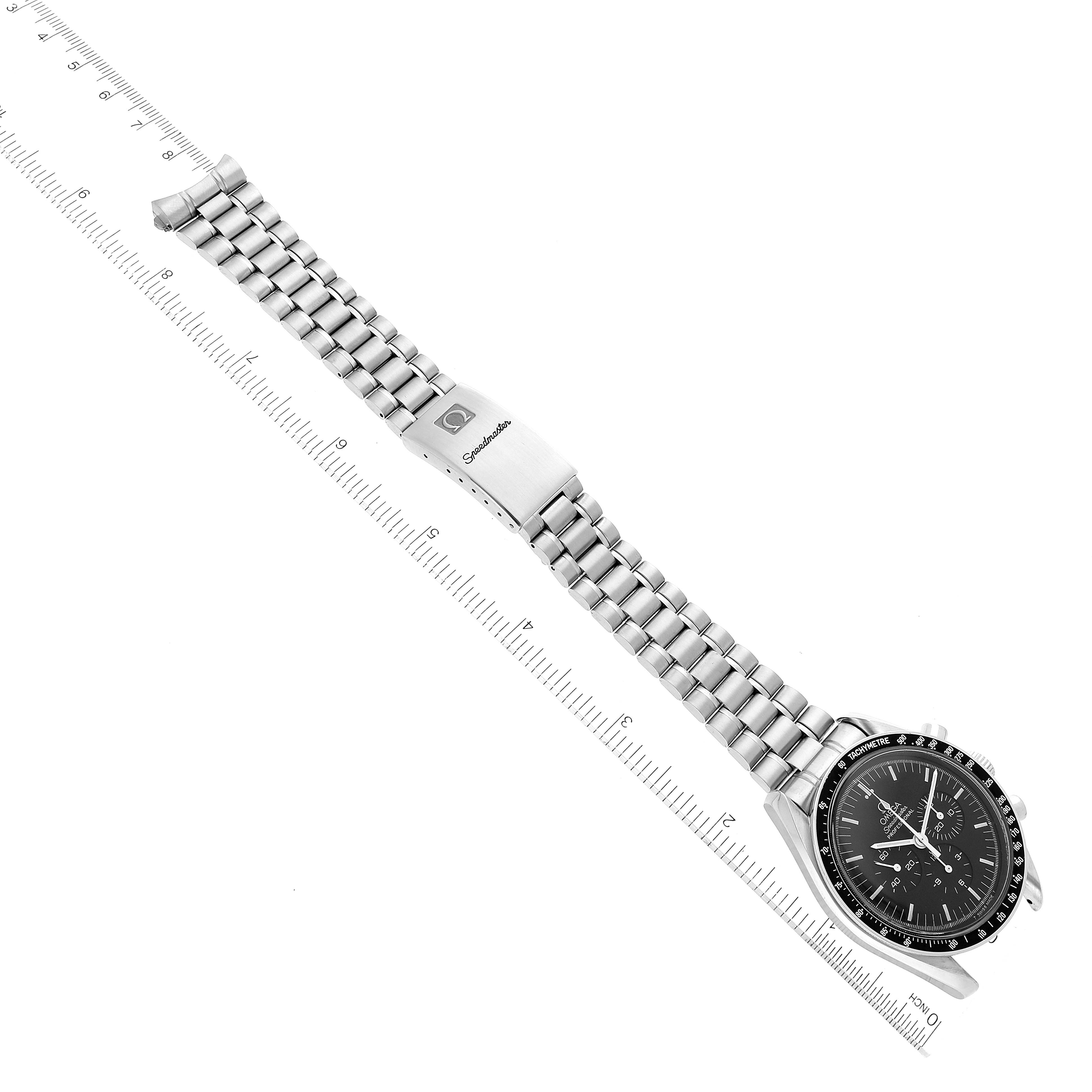 The Omega Speedmaster 3592.50.00 Men's Stainless Steel Black Dial 3592.50.00 Men's Stainless Steel Black Dial watch is shown at an oblique angle, highlighting its stainless steel bracelet and clasp alongside its face.