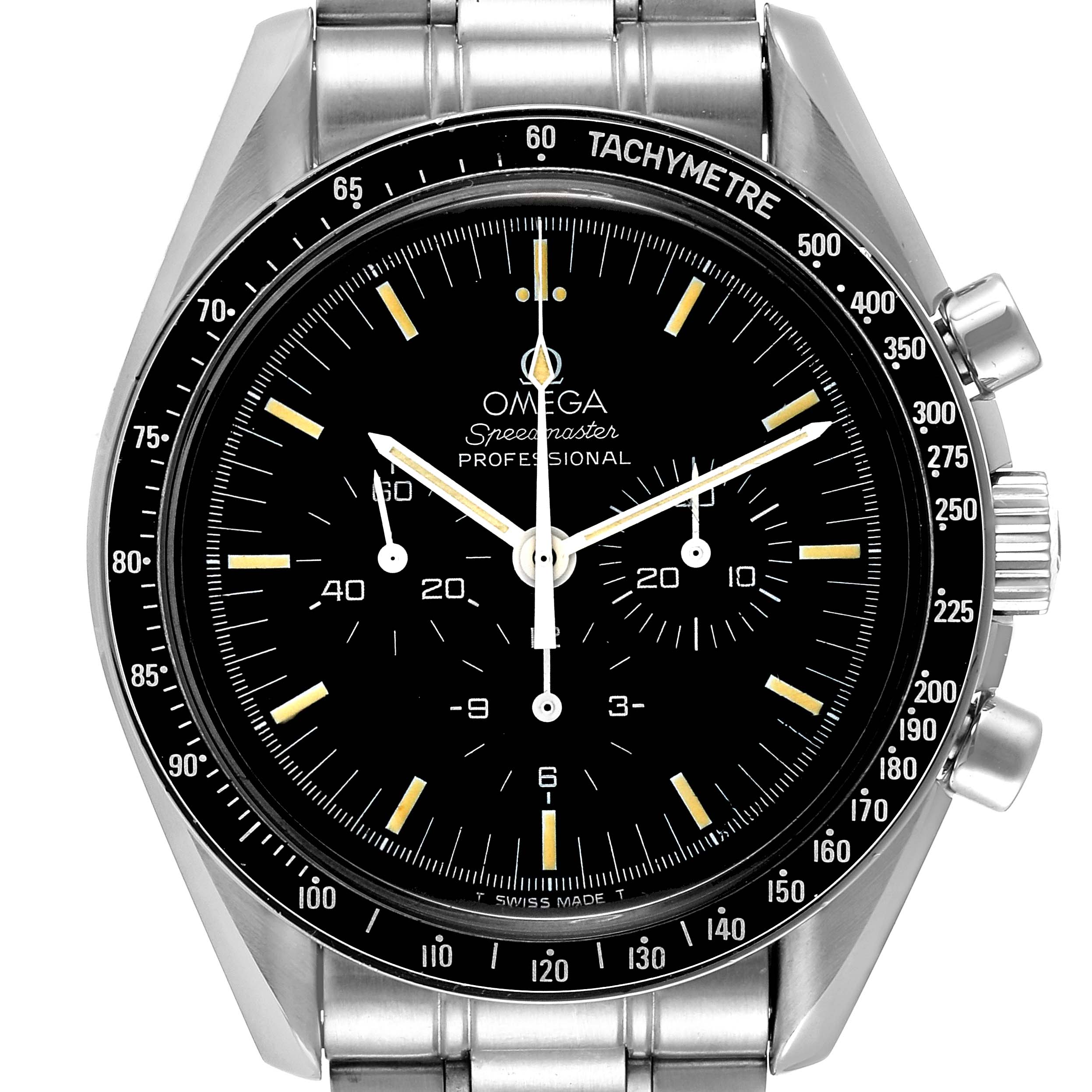 The image shows a front view of the Omega Speedmaster 3592.50.00 Men's Stainless Steel Black Dial 3592.50.00 Men's Stainless Steel Black Dial watch, highlighting its dial, tachymeter bezel, and stainless steel bracelet.