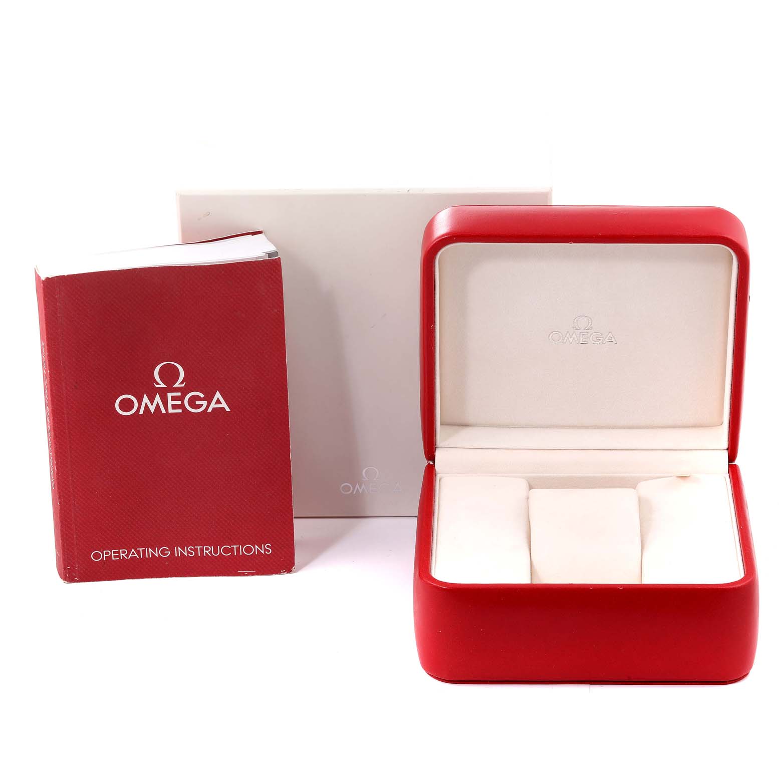 The image shows the Omega Speedmaster 3592.50.00 Men's Stainless Steel Black Dial 3592.50.00 Men's Stainless Steel Black Dial watch box, operating instructions, and outer packaging.