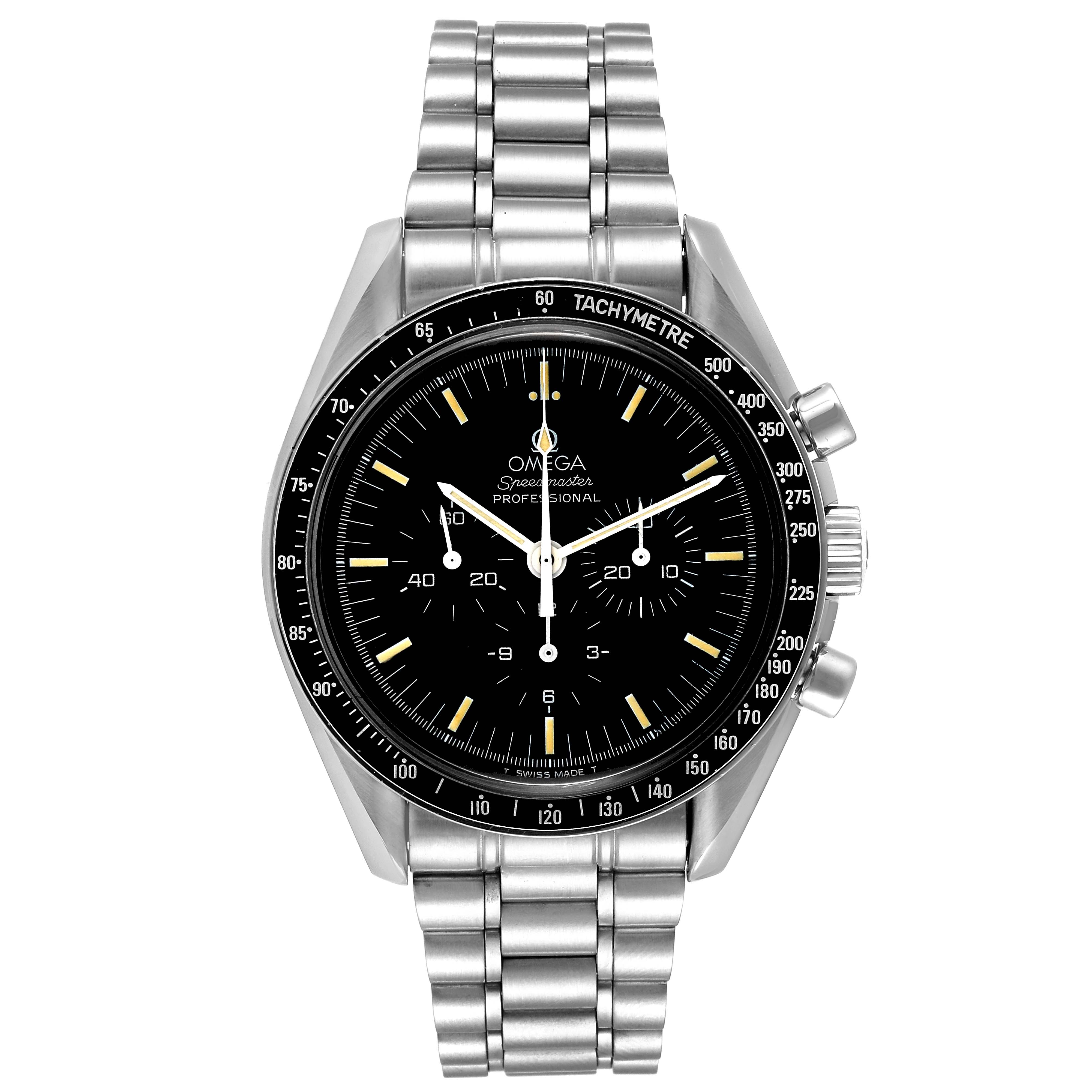 This image shows the front of an Omega Speedmaster 3592.50.00 Men's Stainless Steel Black Dial 3592.50.00 Men's Stainless Steel Black Dial watch, highlighting the black dial, bezel, pushers, and stainless steel bracelet.