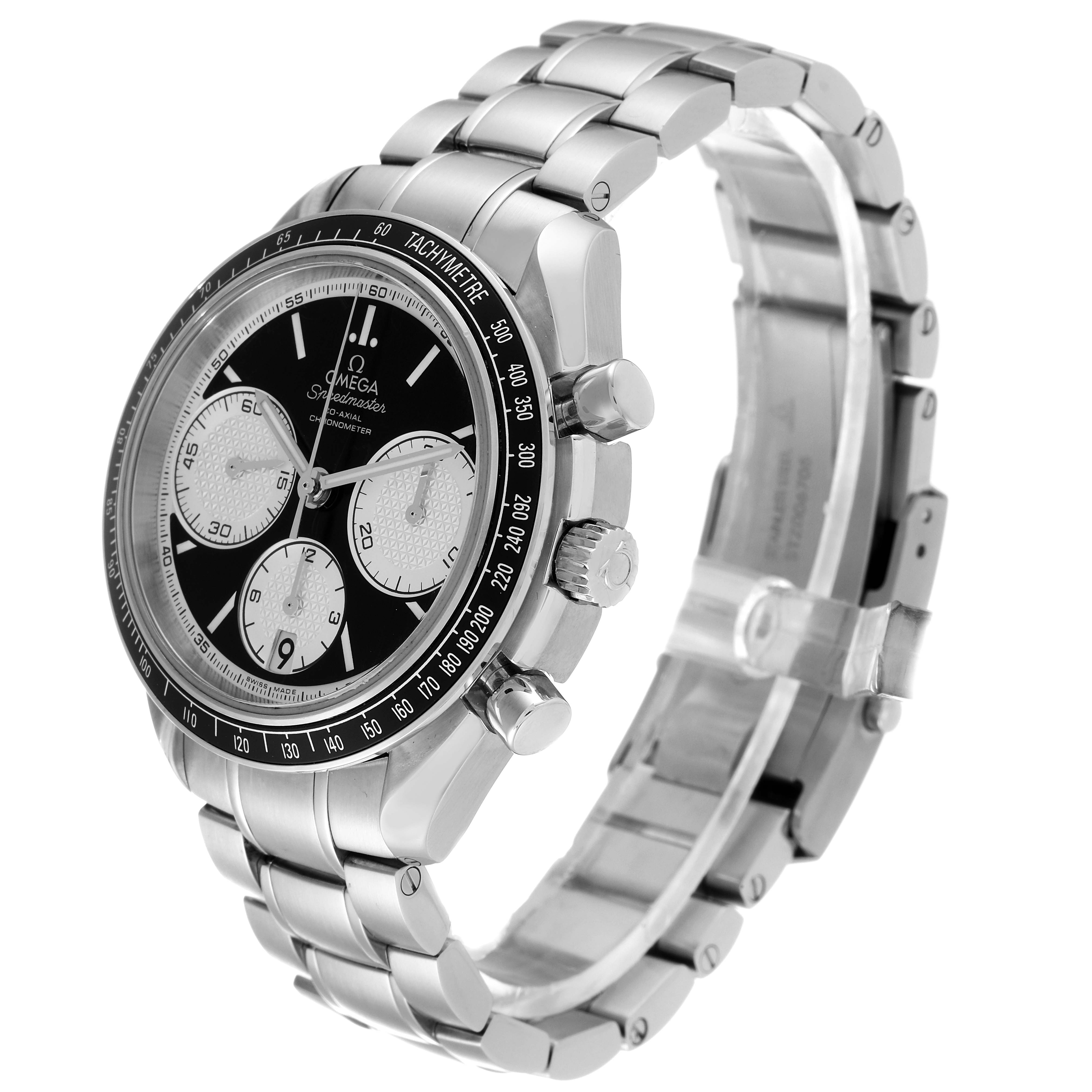 The image shows an angled view of an Omega Speedmaster 326.30.40.50.01.002 Men's Stainless Steel Black Dial 326.30.40.50.01.002 Men's Stainless Steel Black Dial watch, highlighting its face, chronograph dials, and metal bracelet.